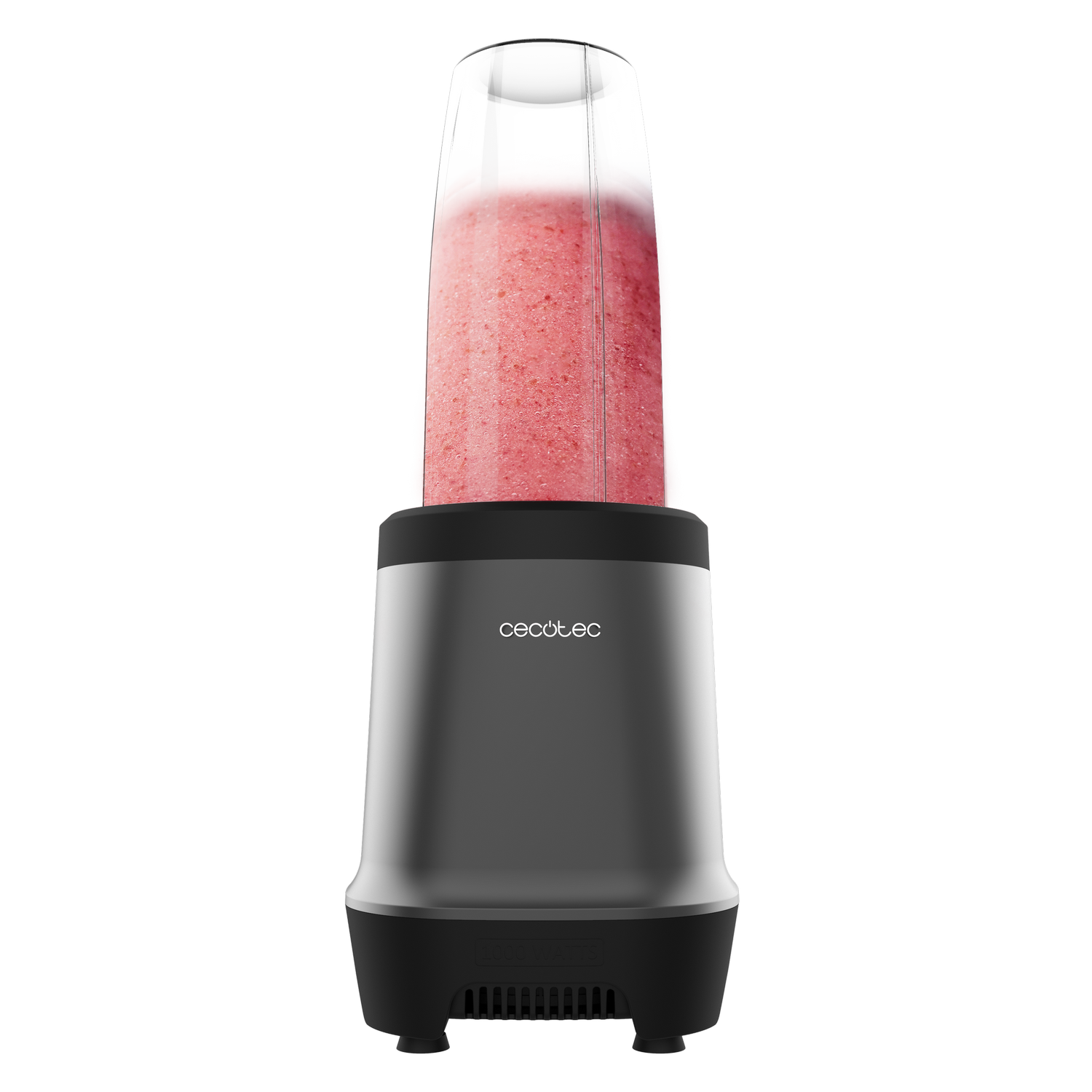Una licuadora con un recipiente transparente lleno de batido rosa. La licuadora es gris y negra con la marca 'cecotec'.