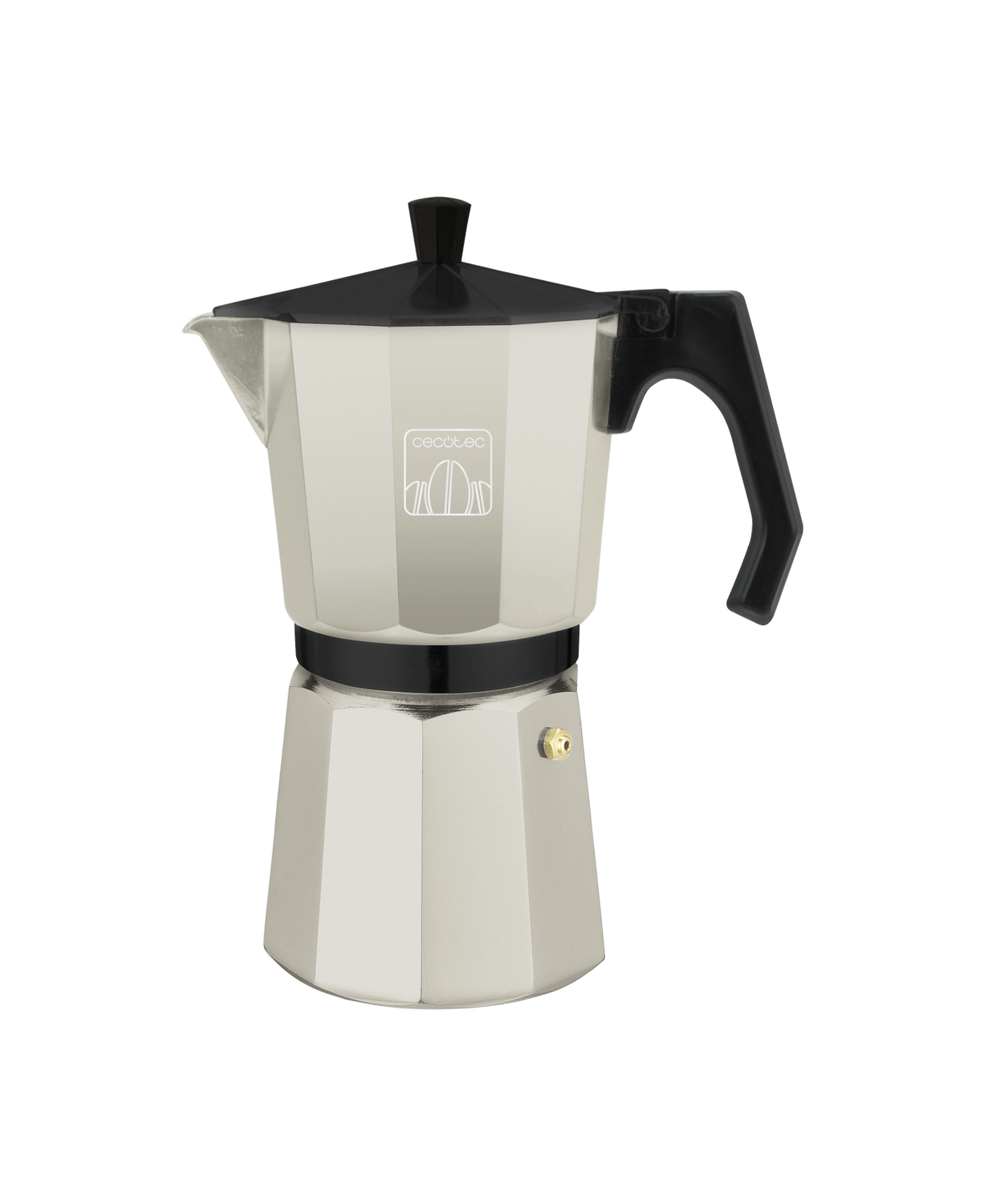 Una cafetera de espresso Cecotec plateada y negra, sobre un fondo gris. Tiene un asa y una tapa negras, con un logotipo en la parte delantera.