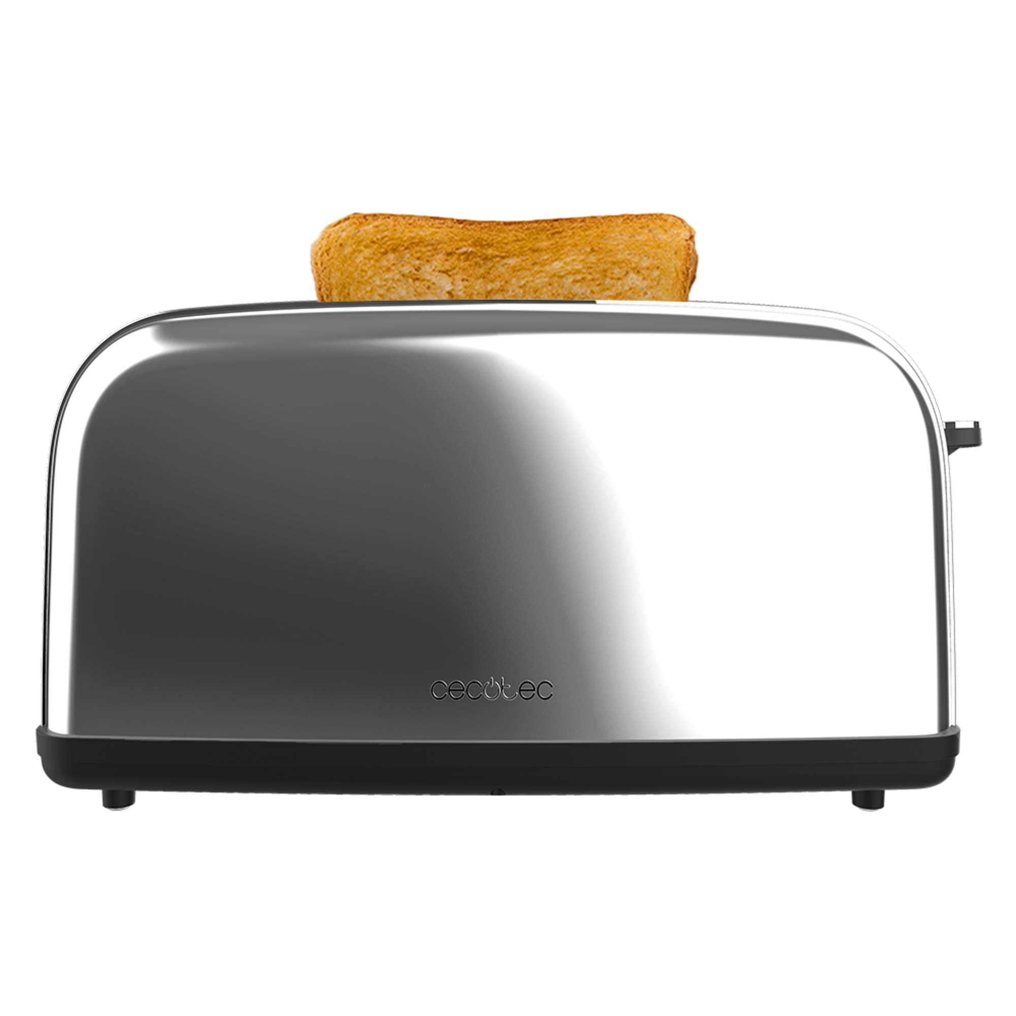 Una tostadora cromada con una rebanada de pan tostado saliendo. La marca 'cecotec' es visible.