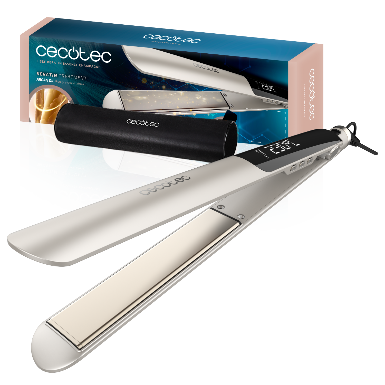 Una plancha de pelo con pantalla digital y funda negra resistente al calor. Una caja al fondo muestra el producto y sus características.
