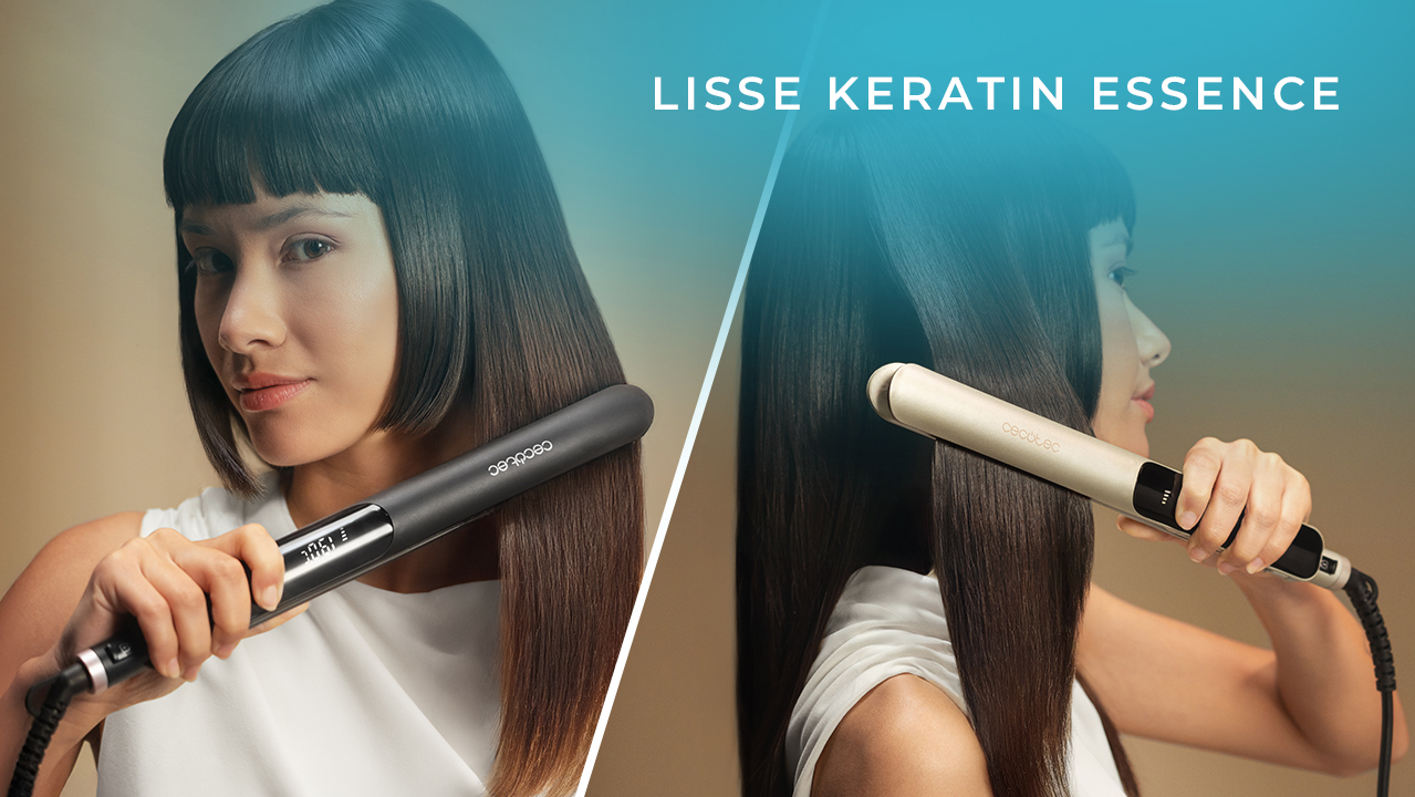 Mujer usando una plancha de pelo en su cabello. La imagen está dividida, mostrando el proceso desde dos ángulos. Texto 'Lisse Keratin Essence'.