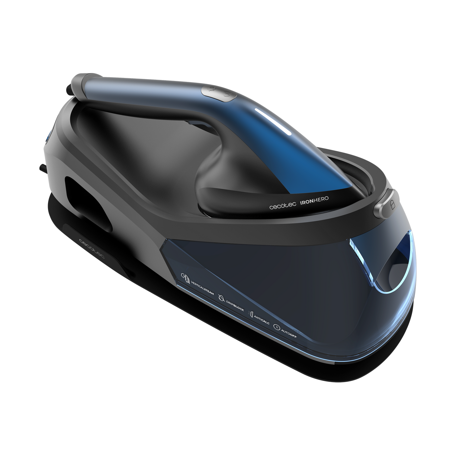 Una plancha azul y negra con asa está sobre una superficie gris. Tiene el texto 'CECOTEC IRONHERO'.