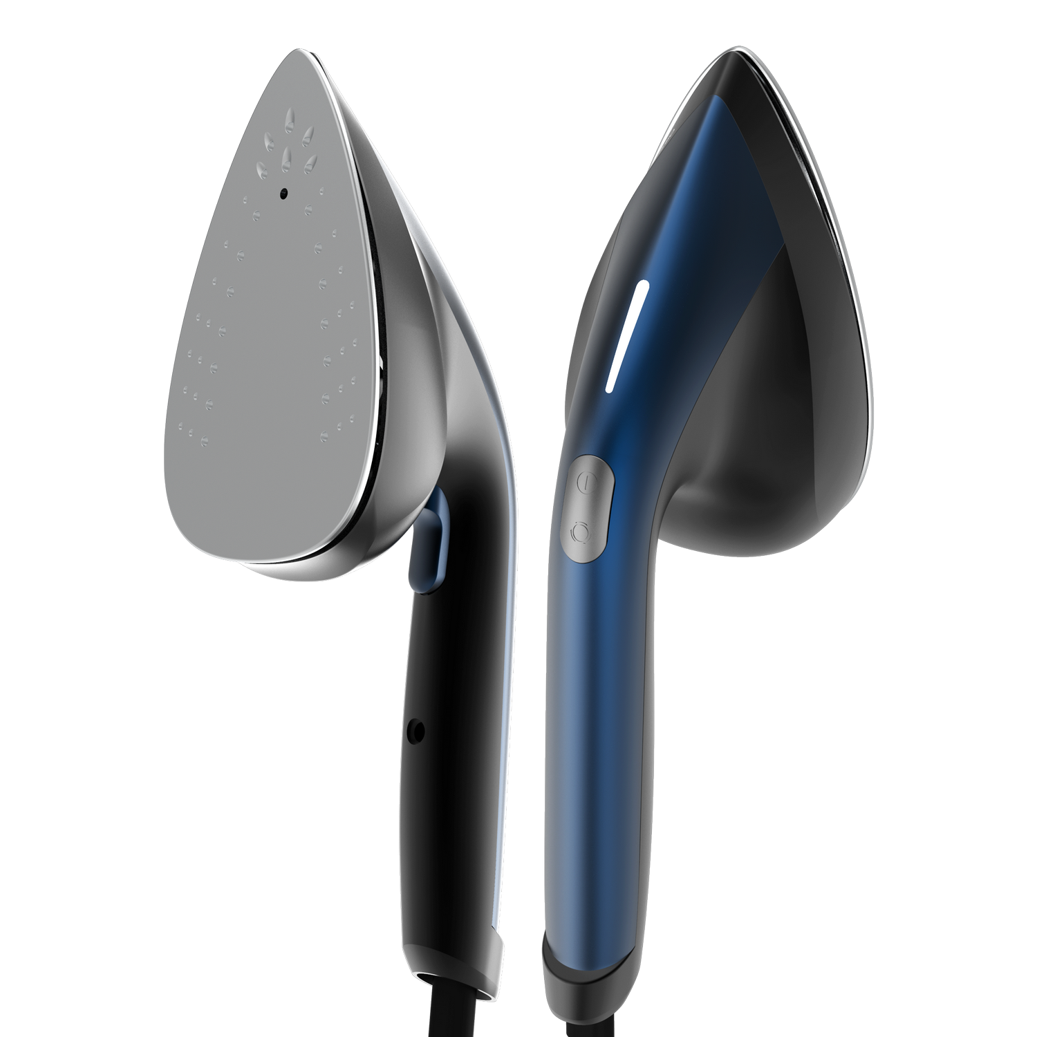 Dos vaporizadores de ropa portátiles, uno plateado y negro, el otro azul y negro, sobre un fondo gris.