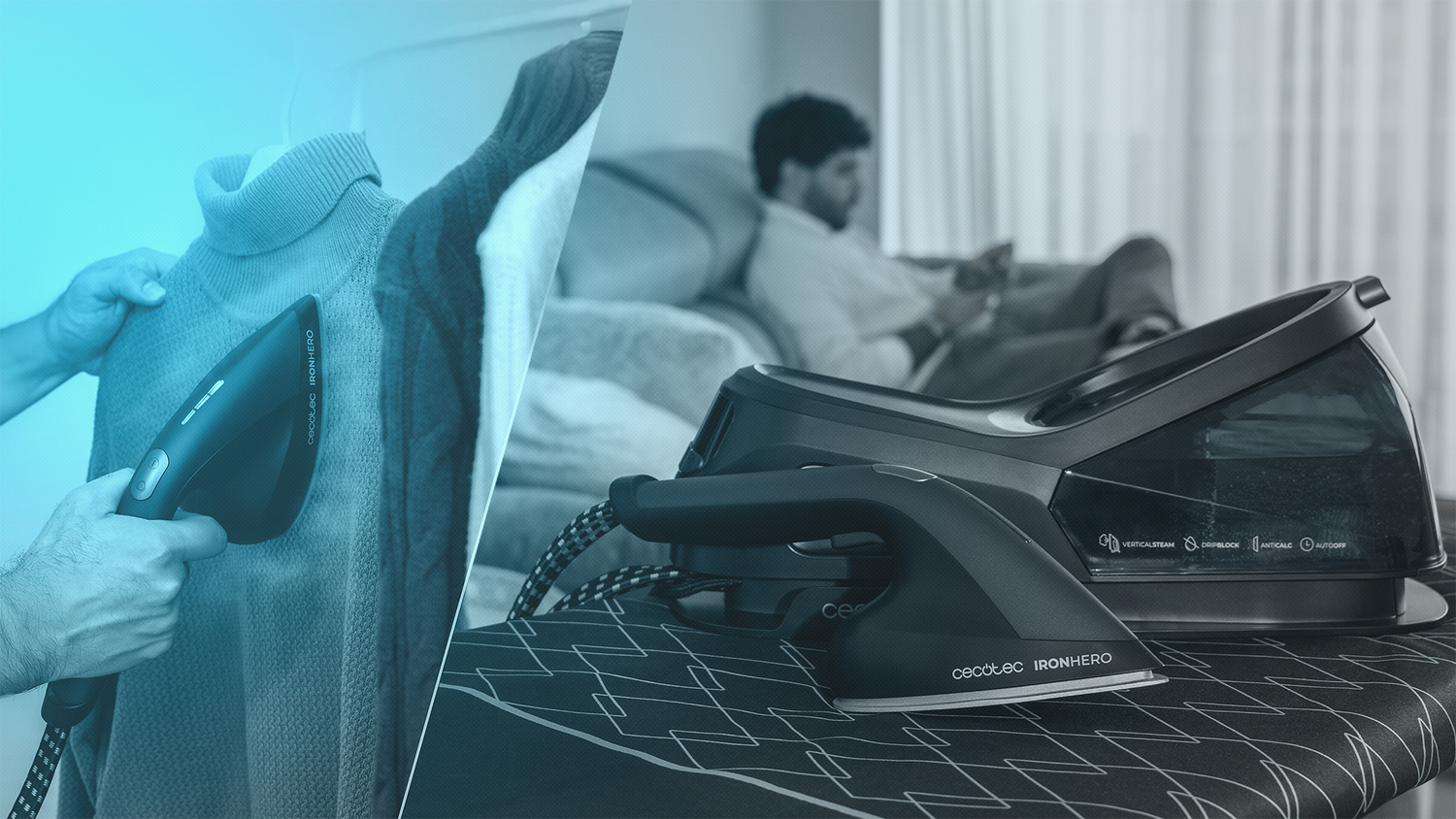 Una persona planchando un suéter con un vaporizador Cecotec IronHero mientras otra persona se relaja en un sofá.