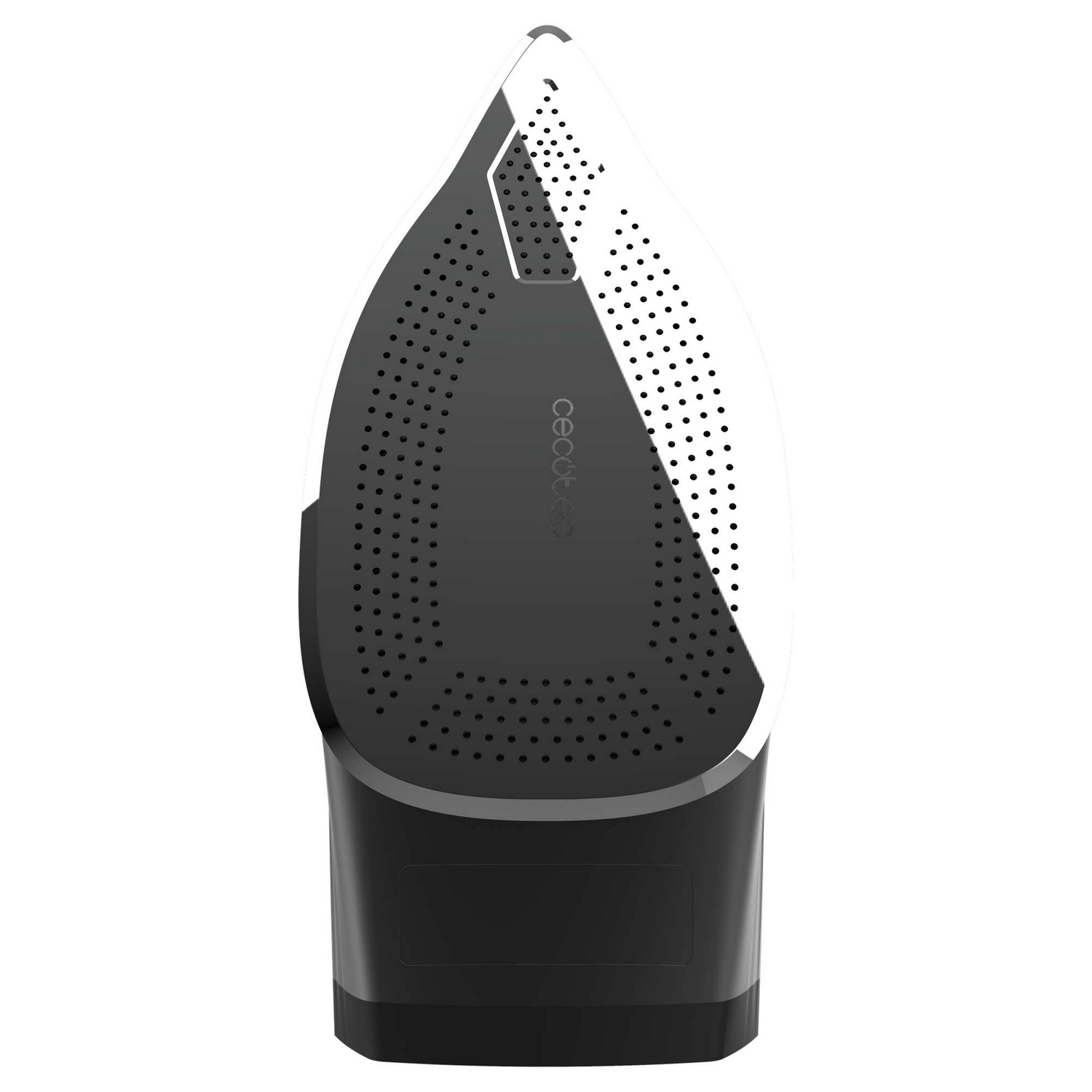 Una plancha en blanco y negro con cabezal triangular, perforada con pequeños agujeros. La base es un rectángulo negro sólido.