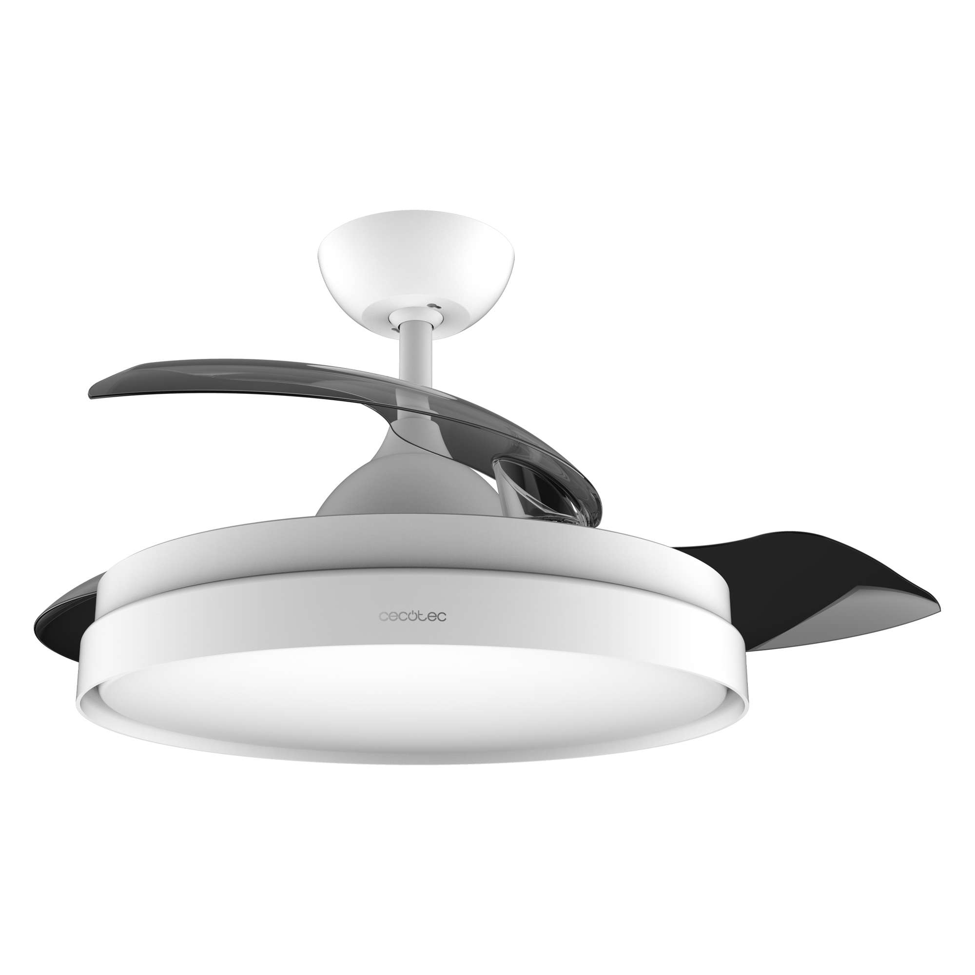 Un ventilador de techo blanco y gris con aspas negras. El ventilador tiene una luz circular. La marca 'cecotec' es visible.