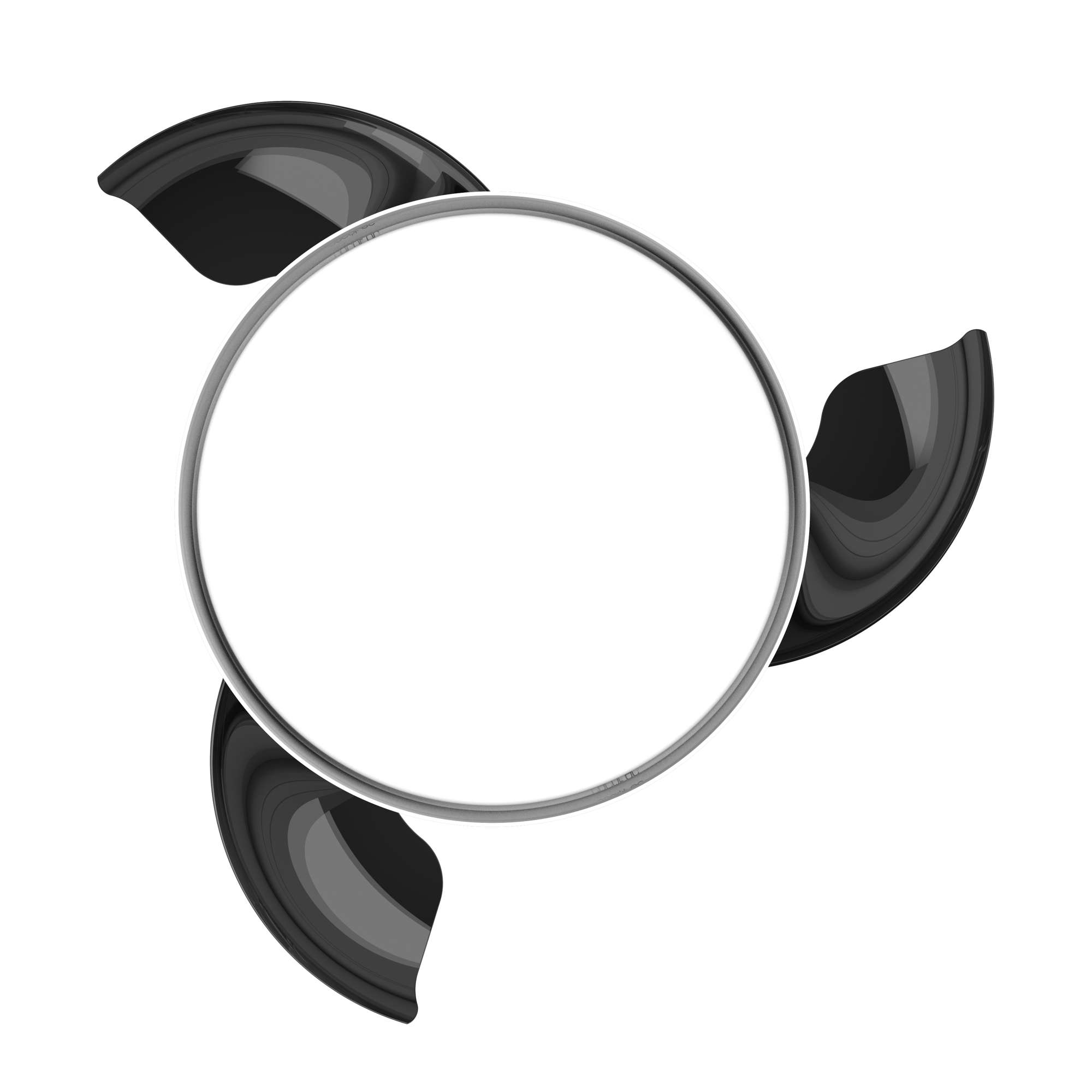 Un anillo plateado con tres hojas negras y brillantes que se extienden hacia afuera.