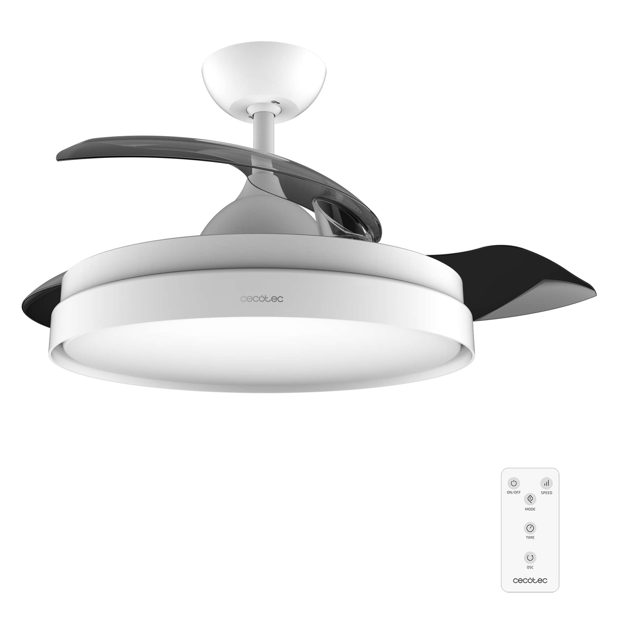 Un ventilador de techo blanco y negro con luz integrada y mando a distancia. El ventilador tiene un diseño moderno.