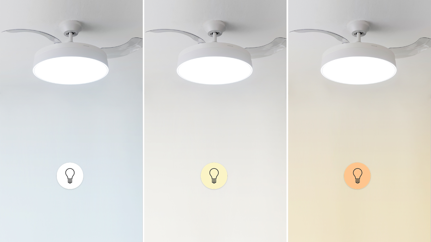 Un ventilador de techo con luz, que se muestra en tres temperaturas de color: blanco frío, blanco cálido y ámbar. Cada uno tiene un icono de bombilla.