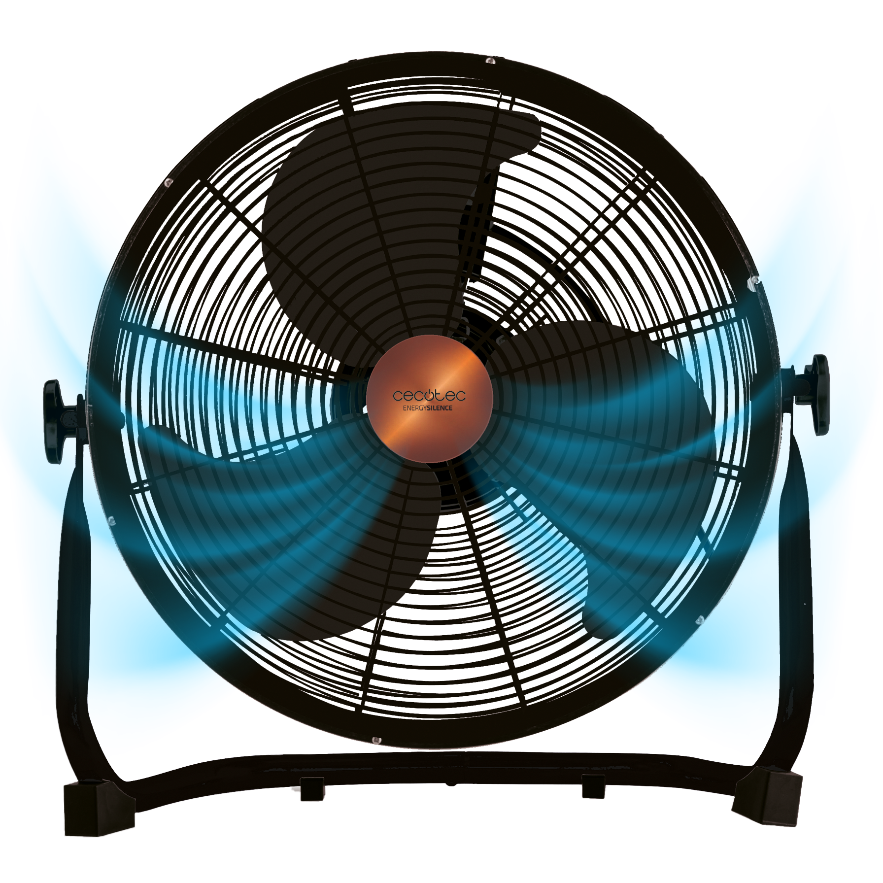 Ventilador negro con efecto de flujo de aire azul. Centro de cobre con el logo de la marca. Marco y soporte negros sobre fondo blanco.