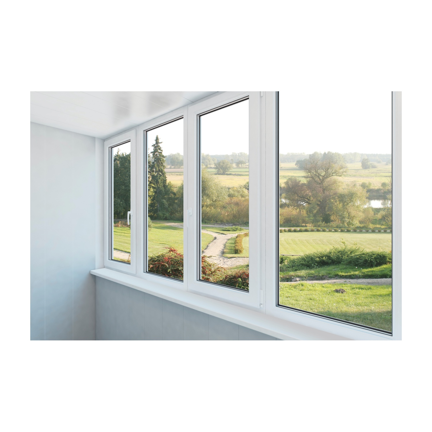 Vista attraverso una finestra. All'esterno, campi verdi, alberi e un sentiero. All'interno, telai bianchi e un soffitto bianco.