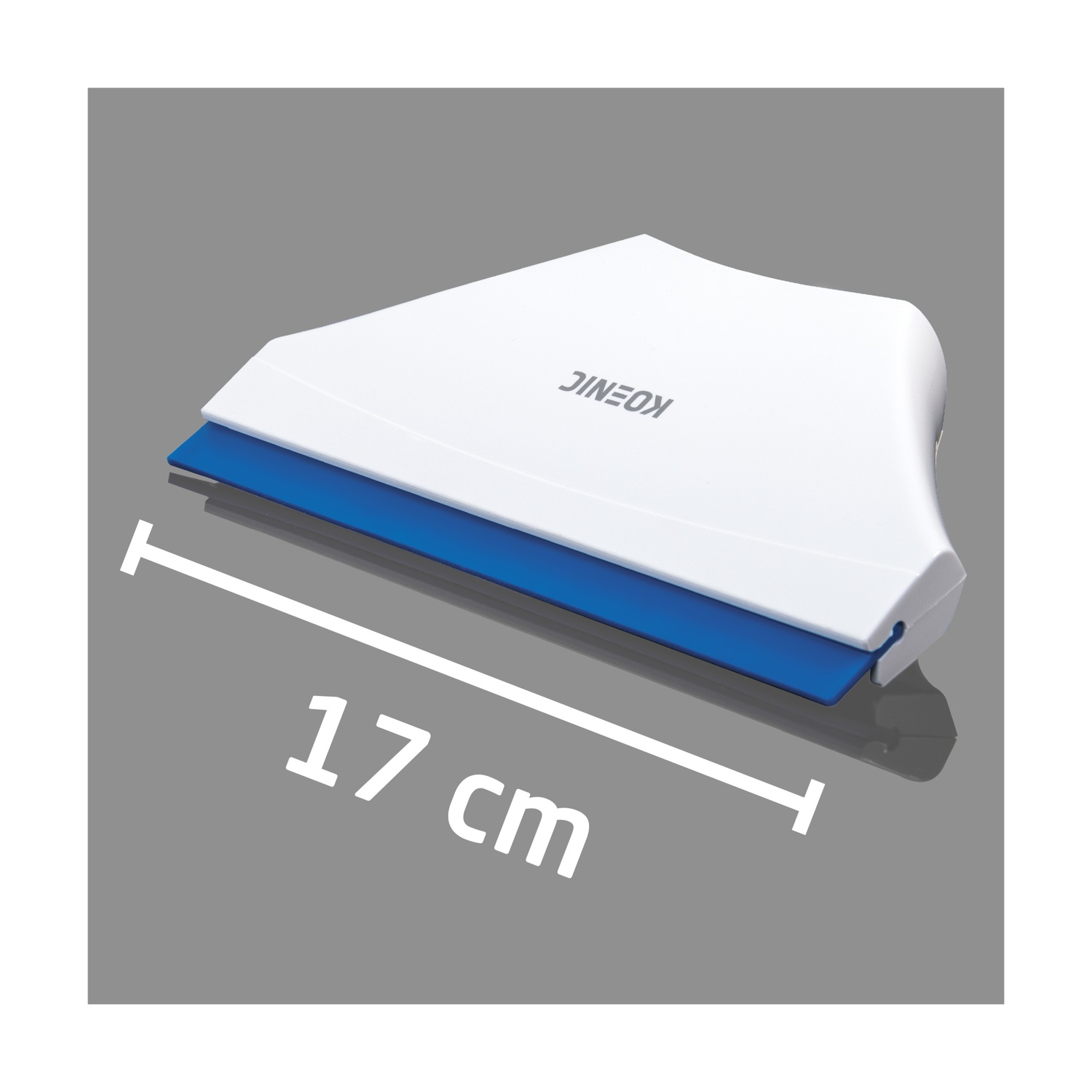 Un tergivetro bianco e blu con il marchio KOENIC e una misura di 17 cm. È su sfondo grigio.