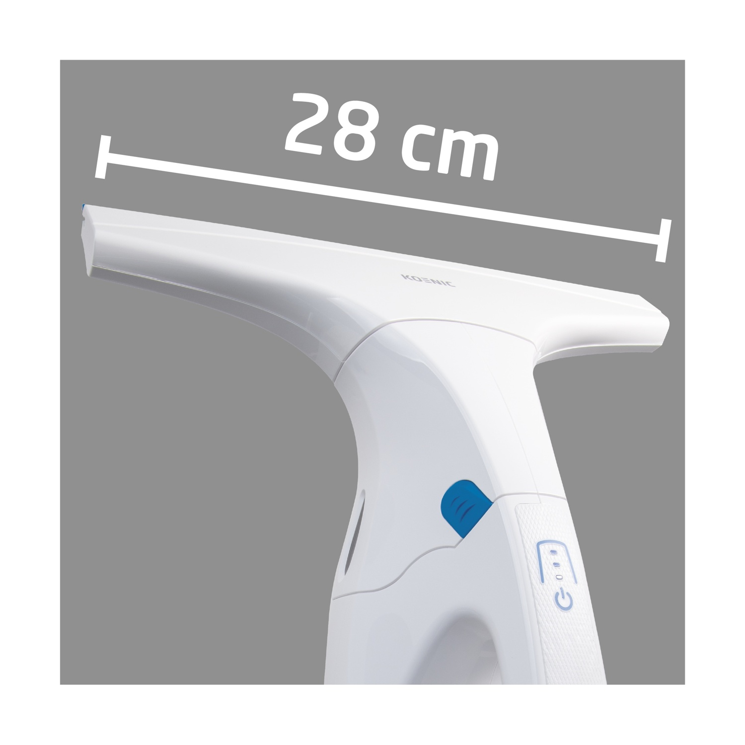 Un pulitore per vetri bianco con un pulsante blu, etichettato 28 cm. Il marchio è 'KOENIC'.