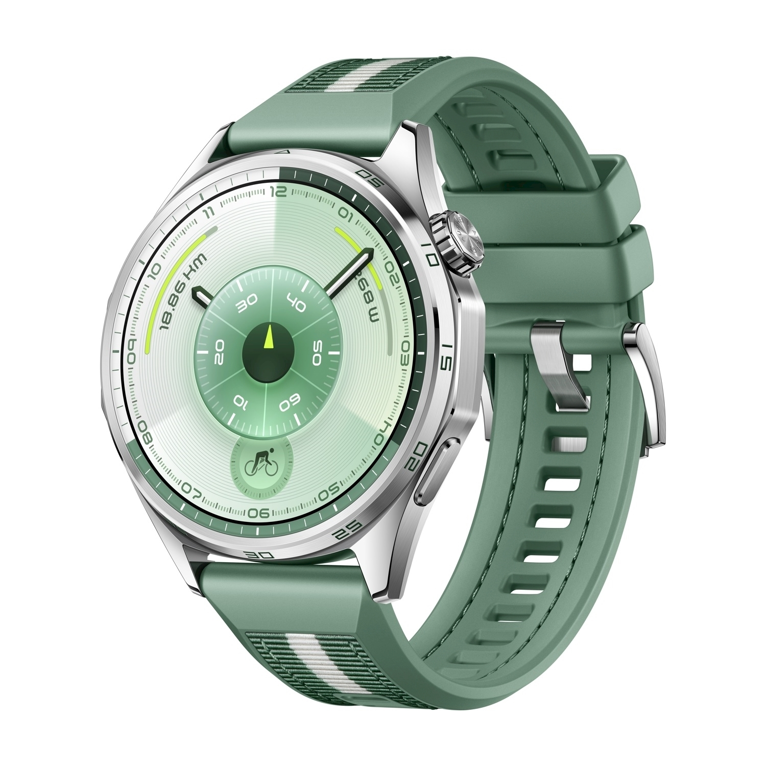 Uno smartwatch verde con display circolare. L'orologio ha un cinturino verde con strisce bianche e una cornice argentata.