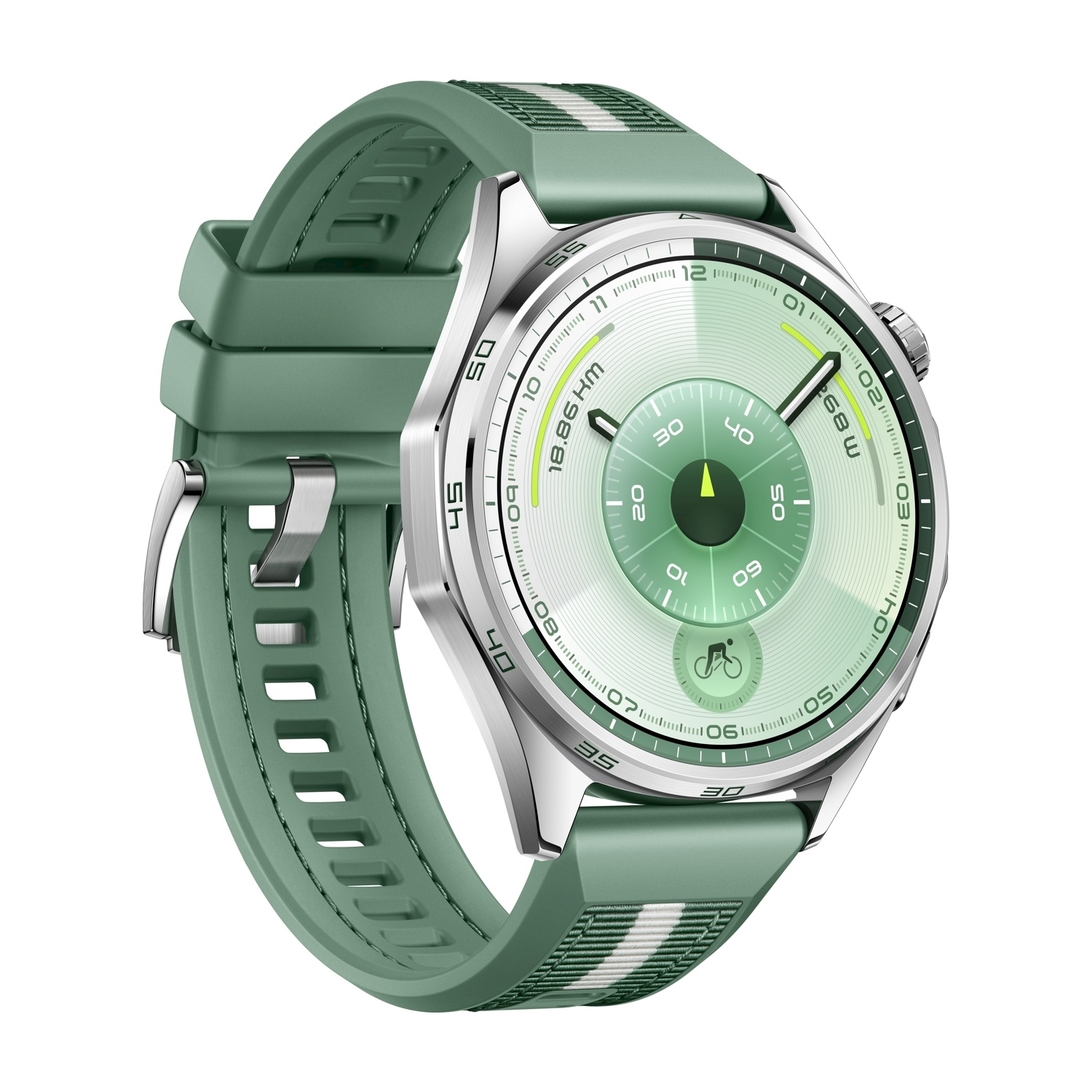 Uno smartwatch verde con lunetta argentata e cinturino verde. Il quadrante mostra numeri e un'icona di bicicletta. Lo sfondo è bianco.