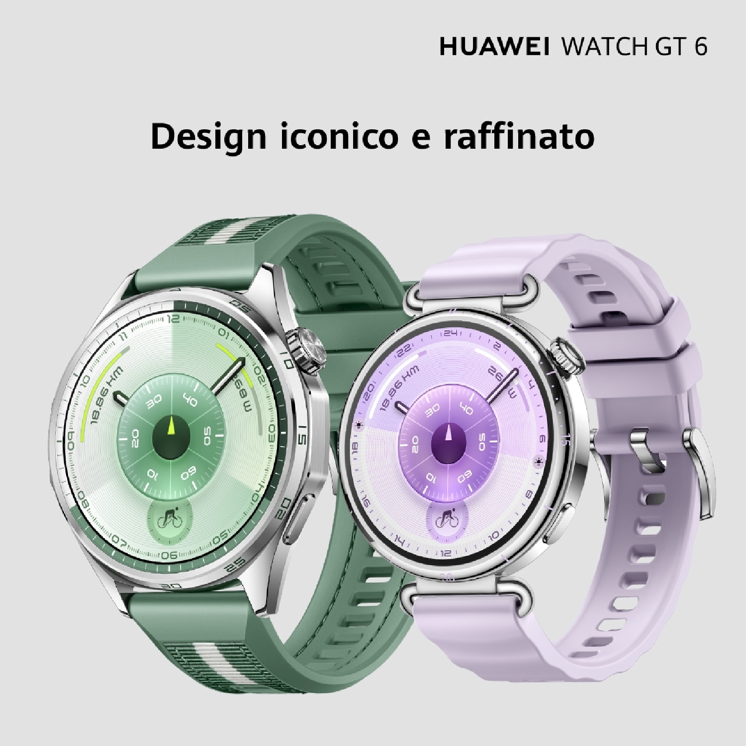 Due smartwatch con cinturini verdi e lilla. Gli orologi hanno casse argentate e quadranti bianchi con numeri. Lo sfondo è grigio chiaro.