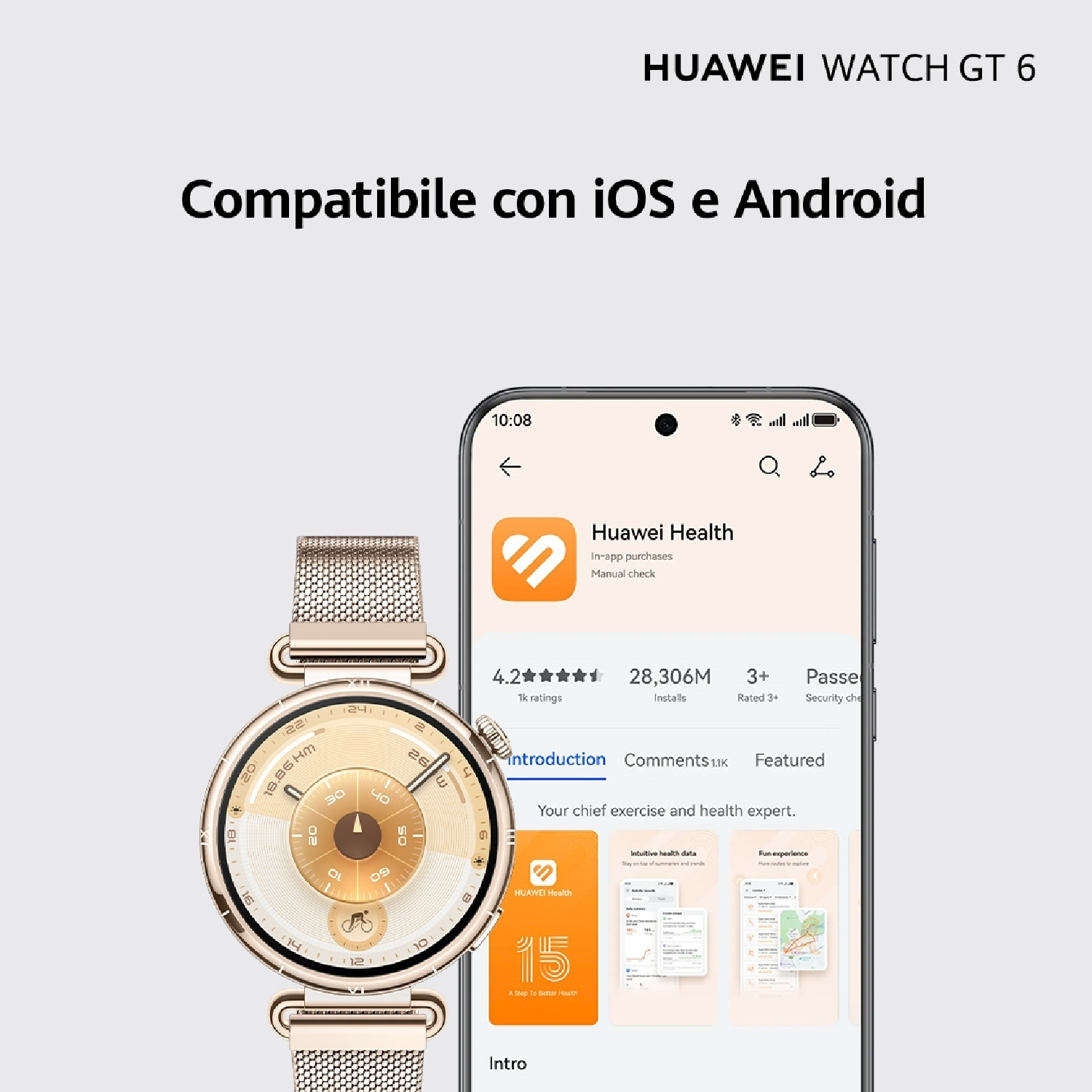 Un Huawei Watch GT 6 con cinturino dorato, accanto a un telefono che mostra l'app Huawei Health, compatibile con iOS e Android.