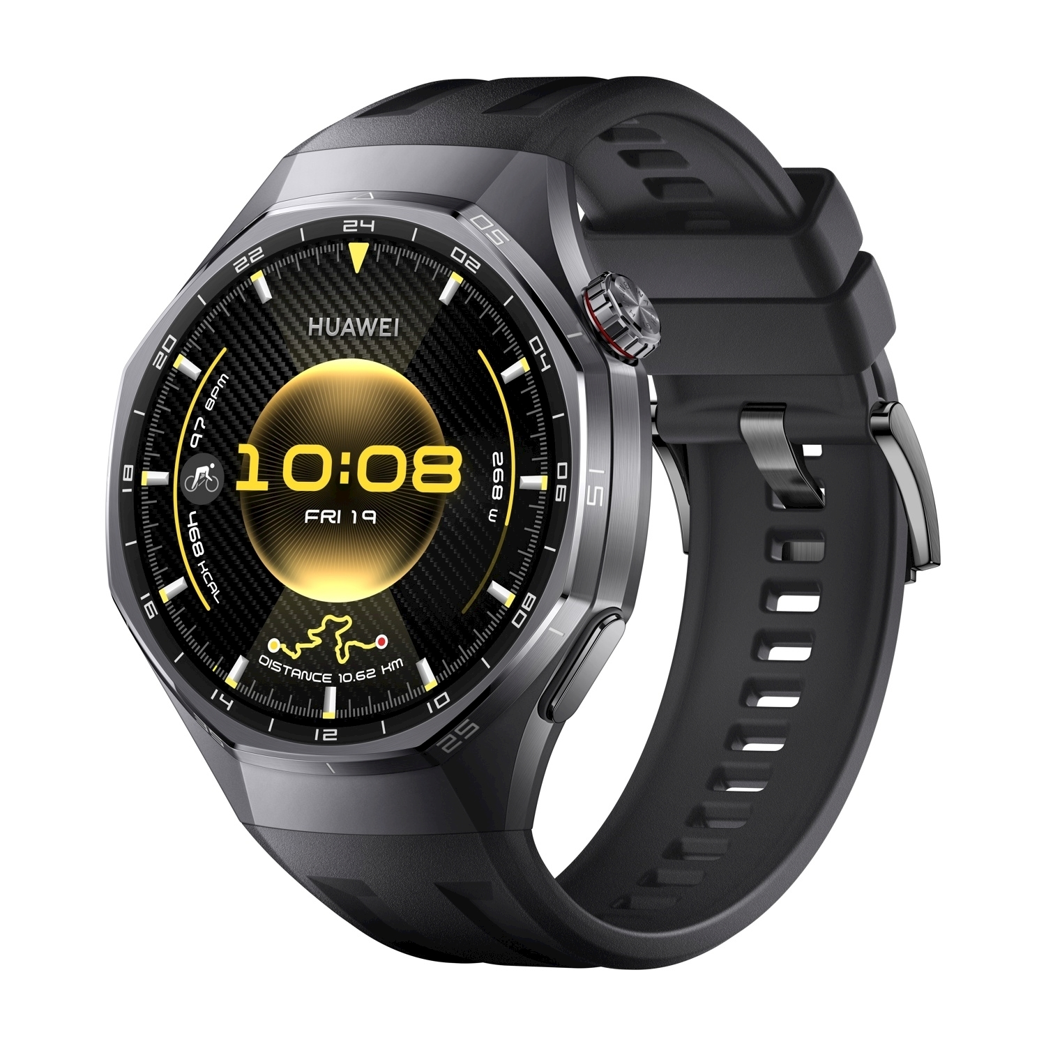 Uno smartwatch Huawei nero mostra l'ora 10:08, venerdì 19. Ha un cinturino nero e una lunetta argentata. Lo schermo mostra dati di fitness.