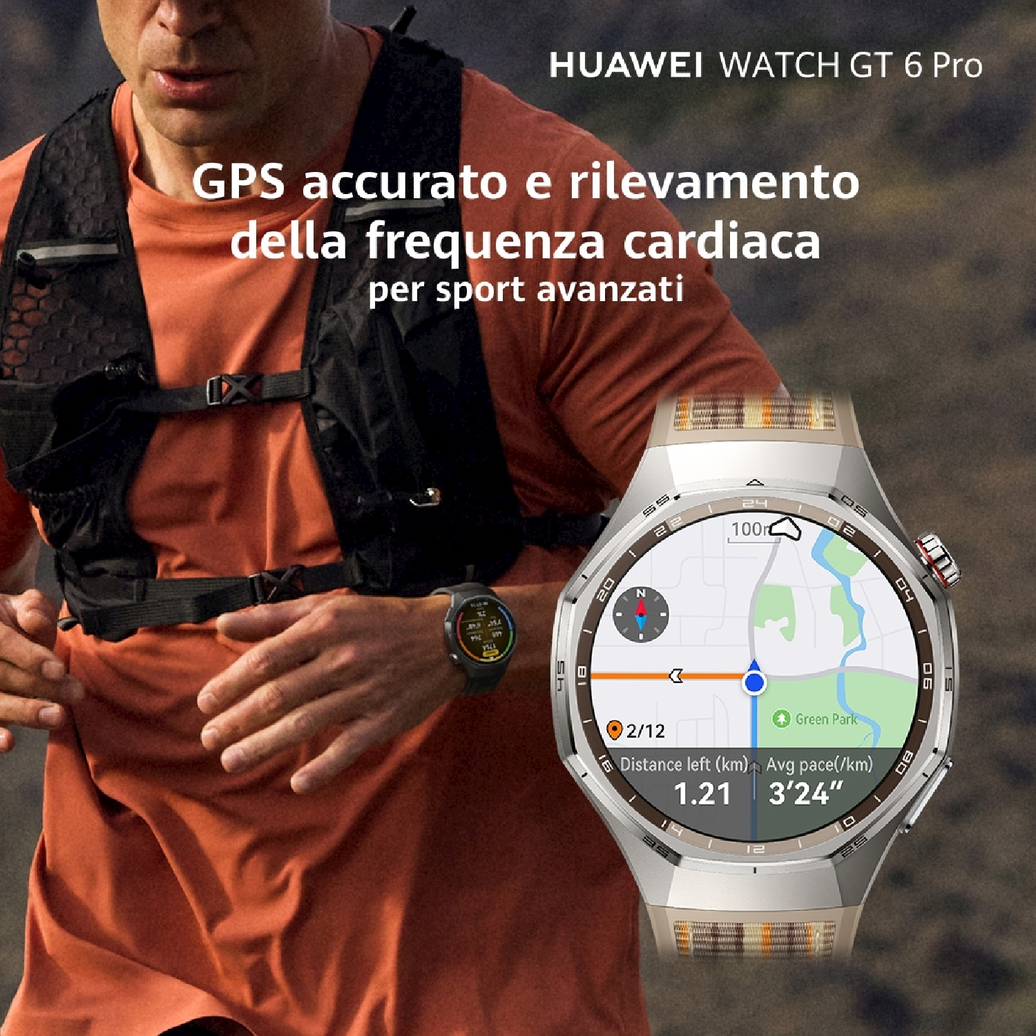 Un corridore con smartwatch che mostra mappa e dati fitness. Testo: 'GPS accurato e rilevamento della frequenza cardiaca'.