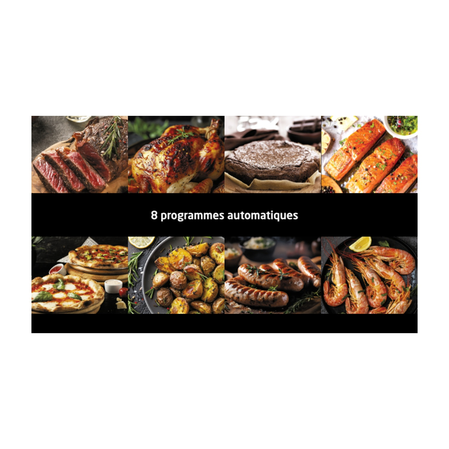 Un'immagine mostra otto opzioni di cibo: bistecca, pollo, torta, salmone, pizza, patate, salsicce e gamberi. Il testo dice '8 programmi automatici'.