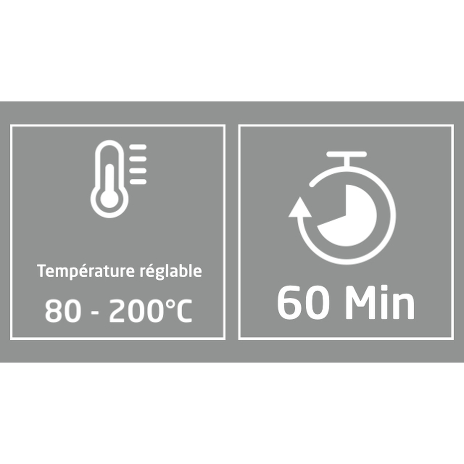 L'immagine mostra due riquadri grigi. A sinistra un termometro e un intervallo di temperatura. A destra un timer che indica 60 minuti.