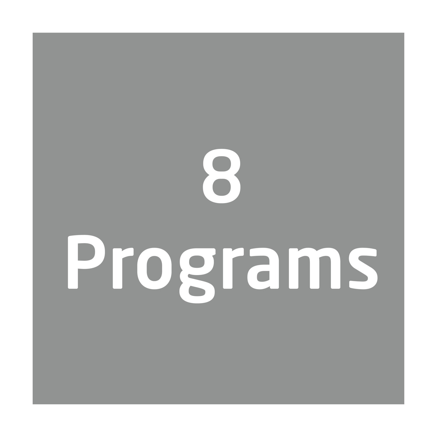 Un quadrato grigio con il numero 8 e la parola Programs in bianco.