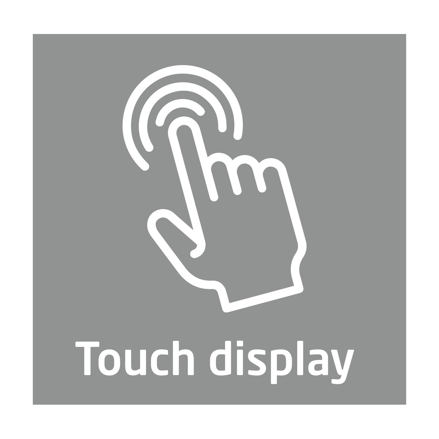 Icona mostra una mano che tocca uno schermo con cerchi. Il testo sottostante dice 'Touch display' su un quadrato grigio.