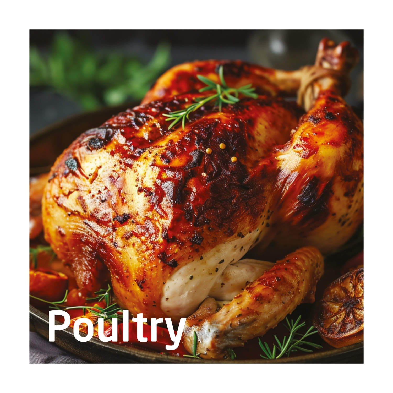 Un pollo arrosto con la pelle dorata è posto su un piatto. Erbe aromatiche e fette di limone circondano il pollo. La parola 'Pollame' è scritta.