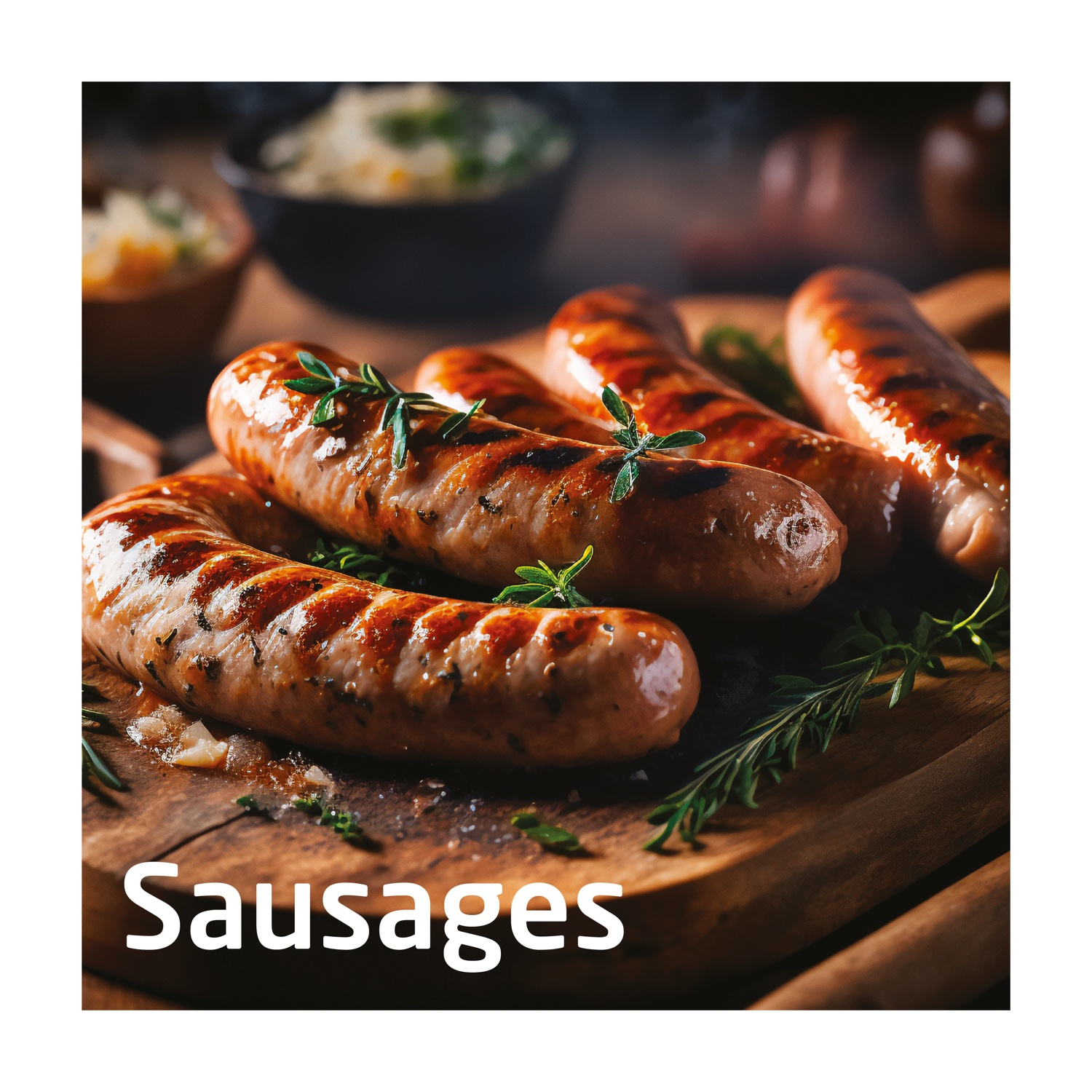 Salsicce grigliate su un tagliere di legno, guarnite con erbe aromatiche. Sfondo con ciotole di cibo e superficie in legno.