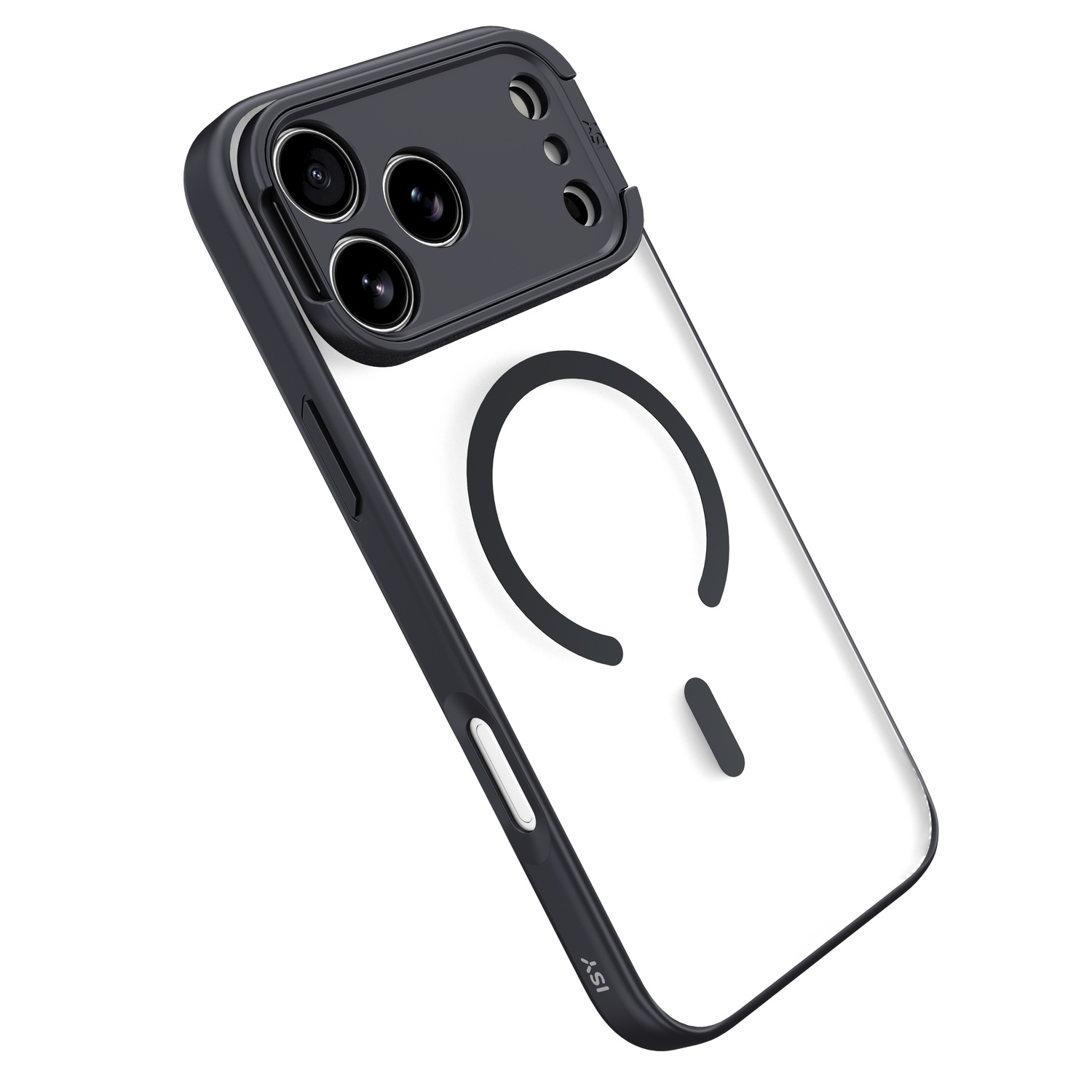 Coque de téléphone transparente avec bord noir, trois lentilles de caméra et un design de cercle magnétique. Sur fond blanc.