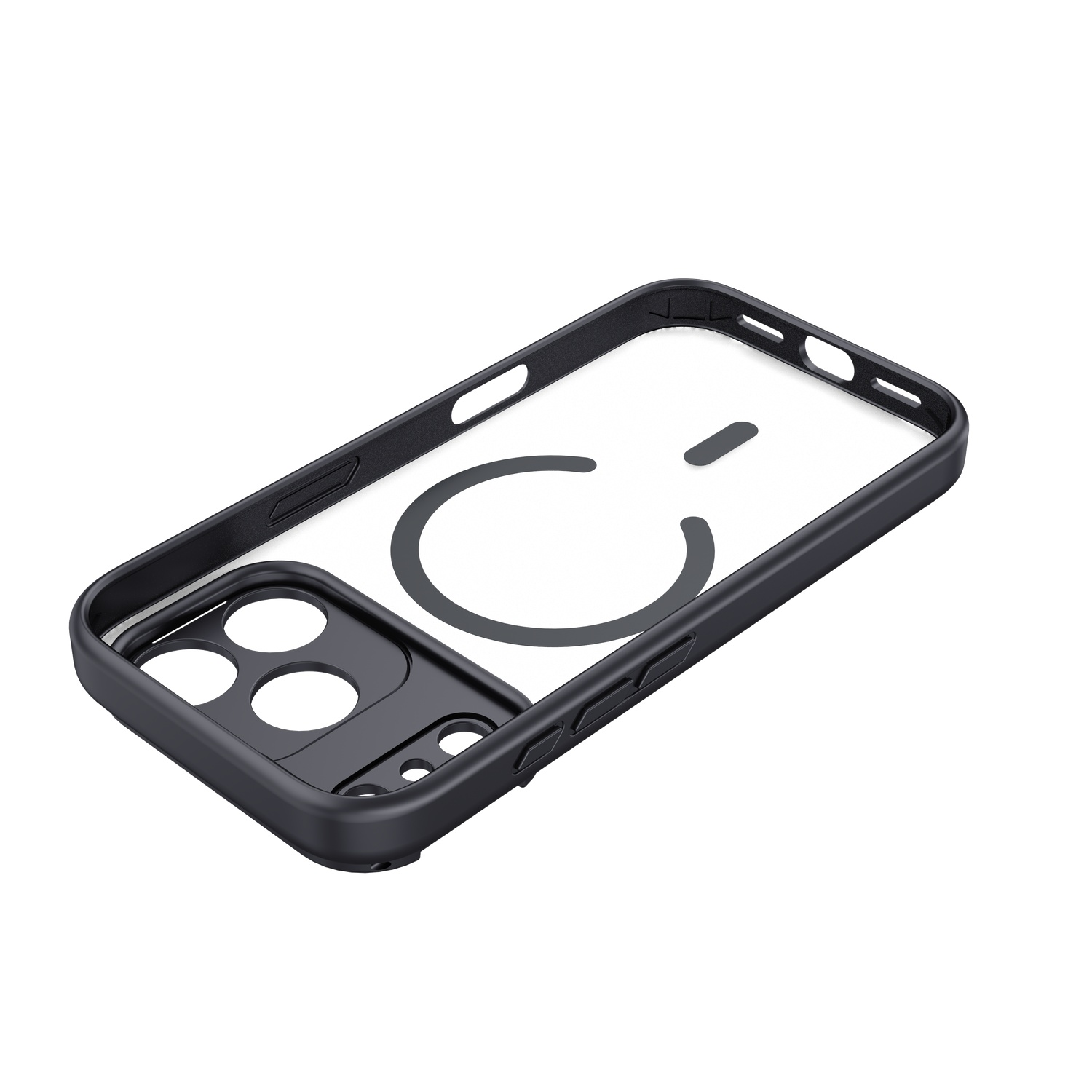 Zwarte telefoonhoes met transparante achterkant. De hoes heeft een uitsparing voor de camera en een magnetisch oplaadsymbool.