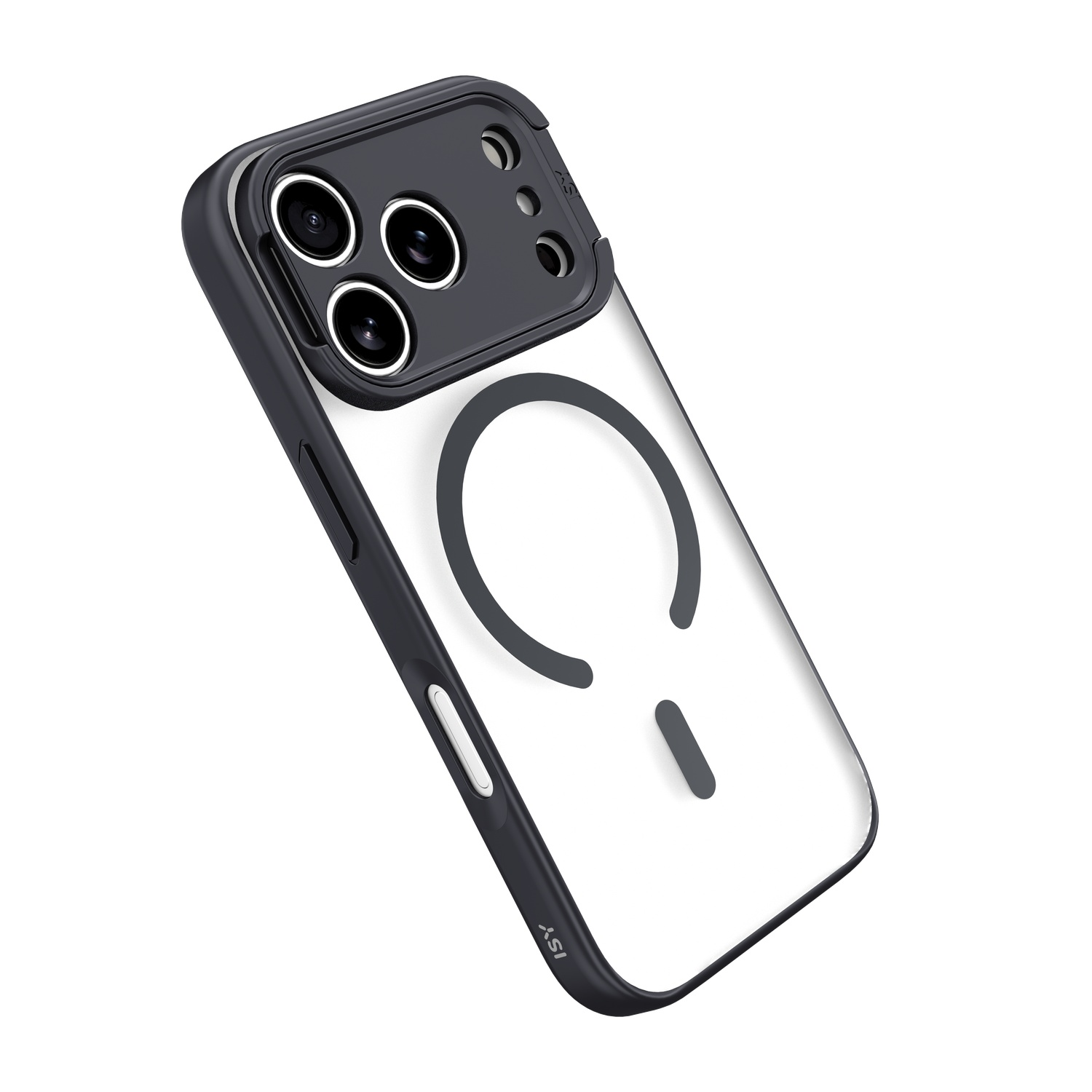 Een zwarte en doorzichtige telefoonhoes. De hoes heeft een zwart frame, een doorzichtige achterkant en een cirkelvormig ontwerp.