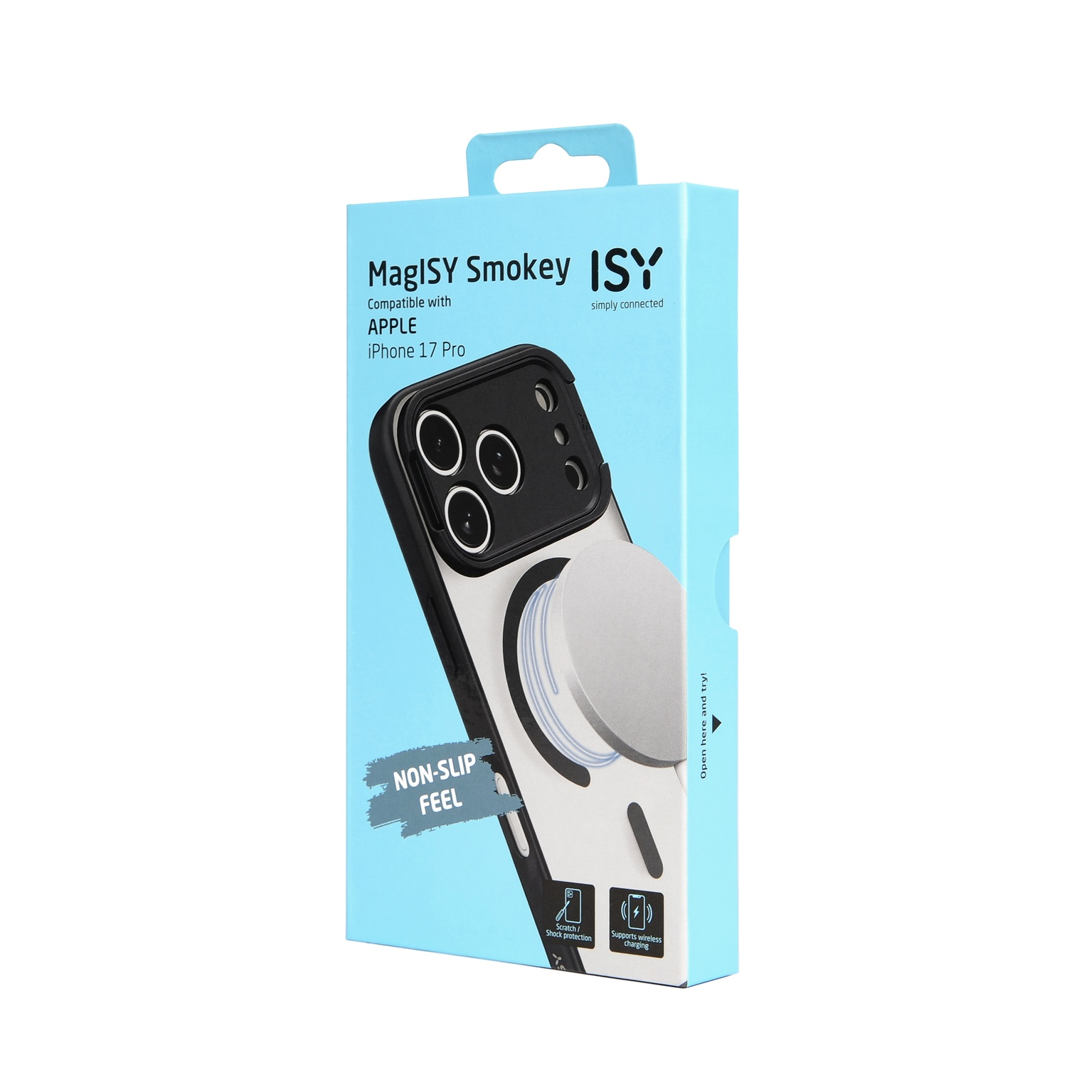 Een telefoonhoesjesdoos met een iPhone 17 Pro hoesje, zilveren cirkelvormig object en tekst zoals 'MagISY Smokey ISY' en 'NON-SLIP FEEL'.