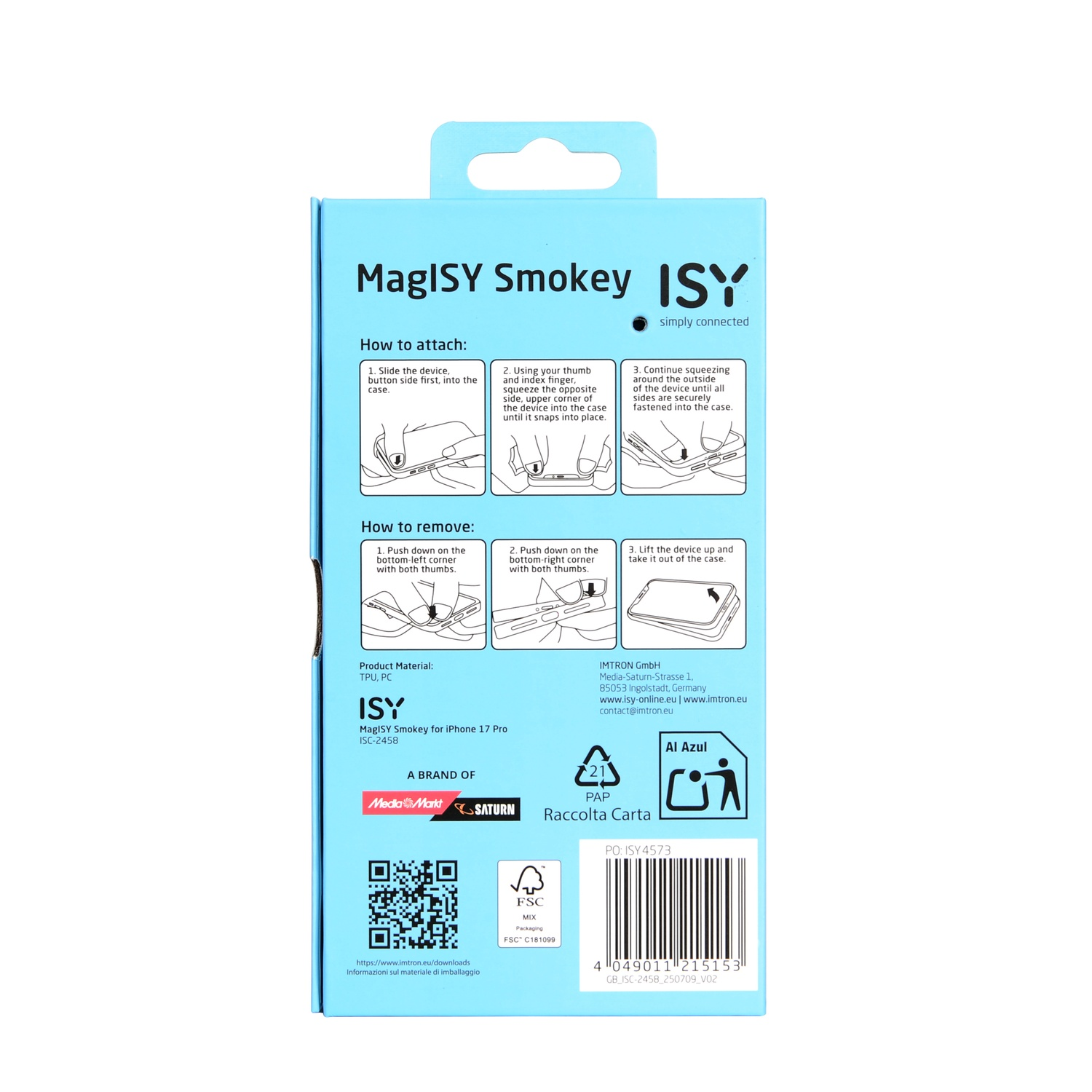 Blauwe en zwarte MagISY Smokey ISY telefoonhoes verpakking. Instructies voor het bevestigen en verwijderen van de hoes worden getoond.