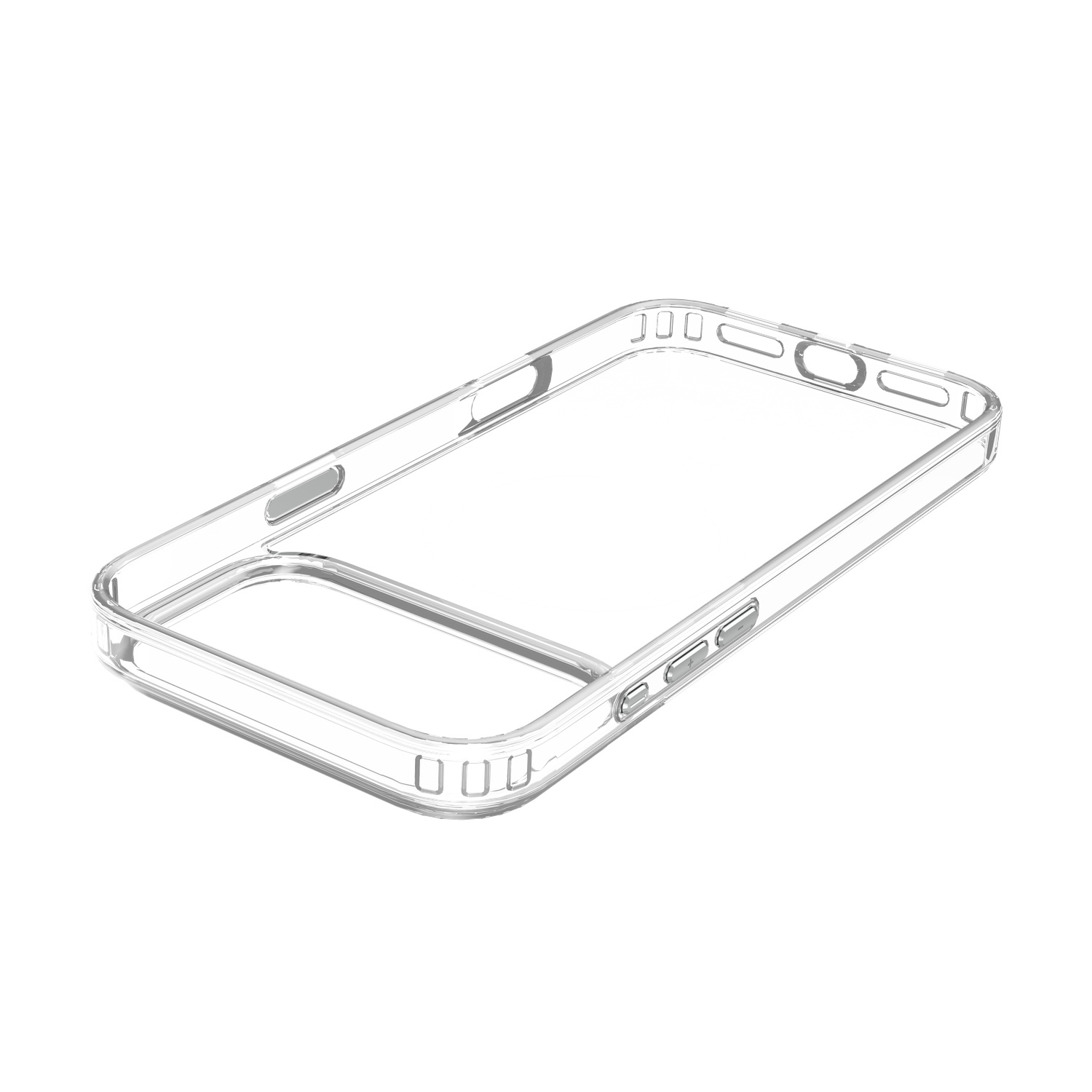 Een transparante telefoonhoes. Het heeft een rechthoekige vorm met afgeronde hoeken en knoppen. De achtergrond is wit.