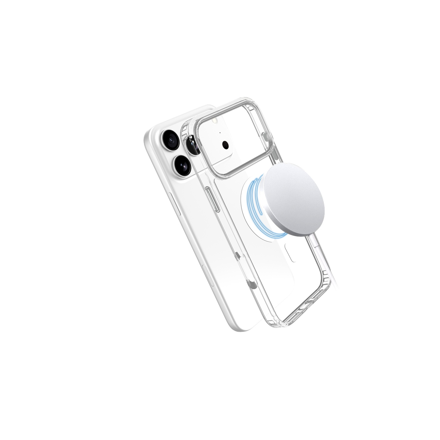 Een doorzichtige telefoonhoes met een zilveren cirkelvormige bevestiging. De telefoon heeft een camera en staat in een hoek. Witte achtergrond.
