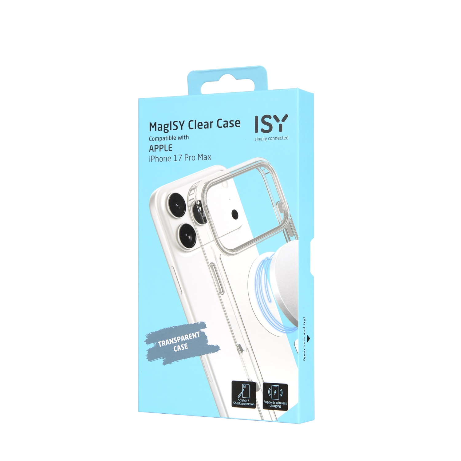 Er wordt een transparante telefoonhoes voor iPhone 17 Pro Max getoond. Het zit in een blauwe doos met het label "MagISY Clear Case". Kenmerken kras- en schokbescherming.