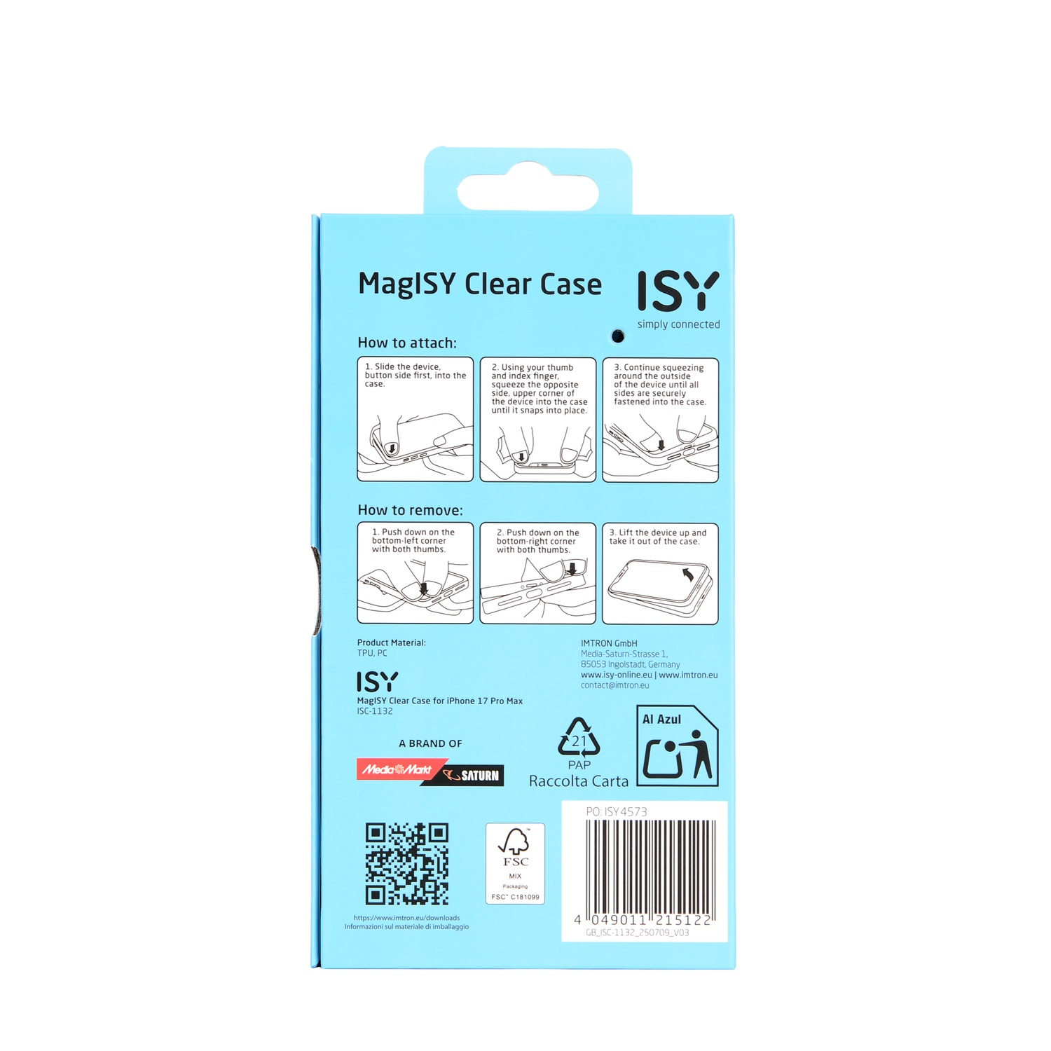 Een transparante MagISY iPhone case doos. Het toont instructies en branding, inclusief logo's 'ISY', 'MediaMarkt' en 'Saturn'.