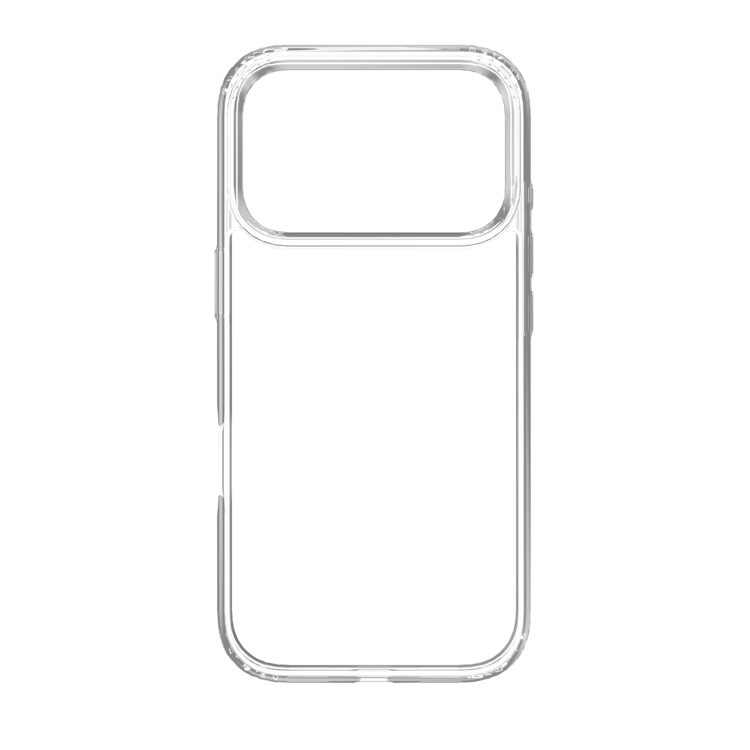 Een doorzichtige telefoonhoes. De hoes heeft een rechthoekig frame met afgeronde hoeken en een uitsparing voor de camera.