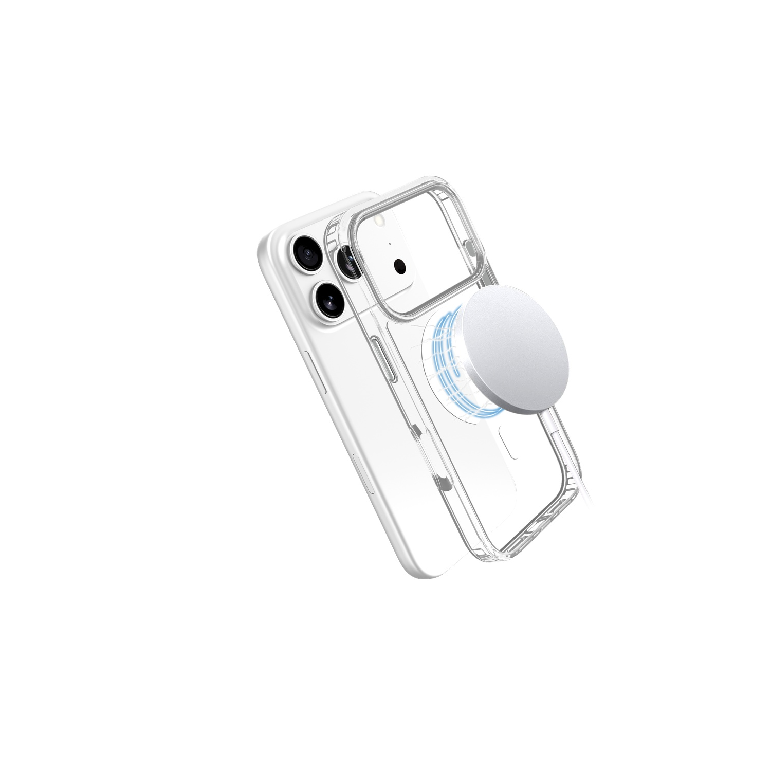 Een witte iPhone met een transparante hoes en een cirkelvormige zilveren magnetische oplader, geïsoleerd op een witte achtergrond.