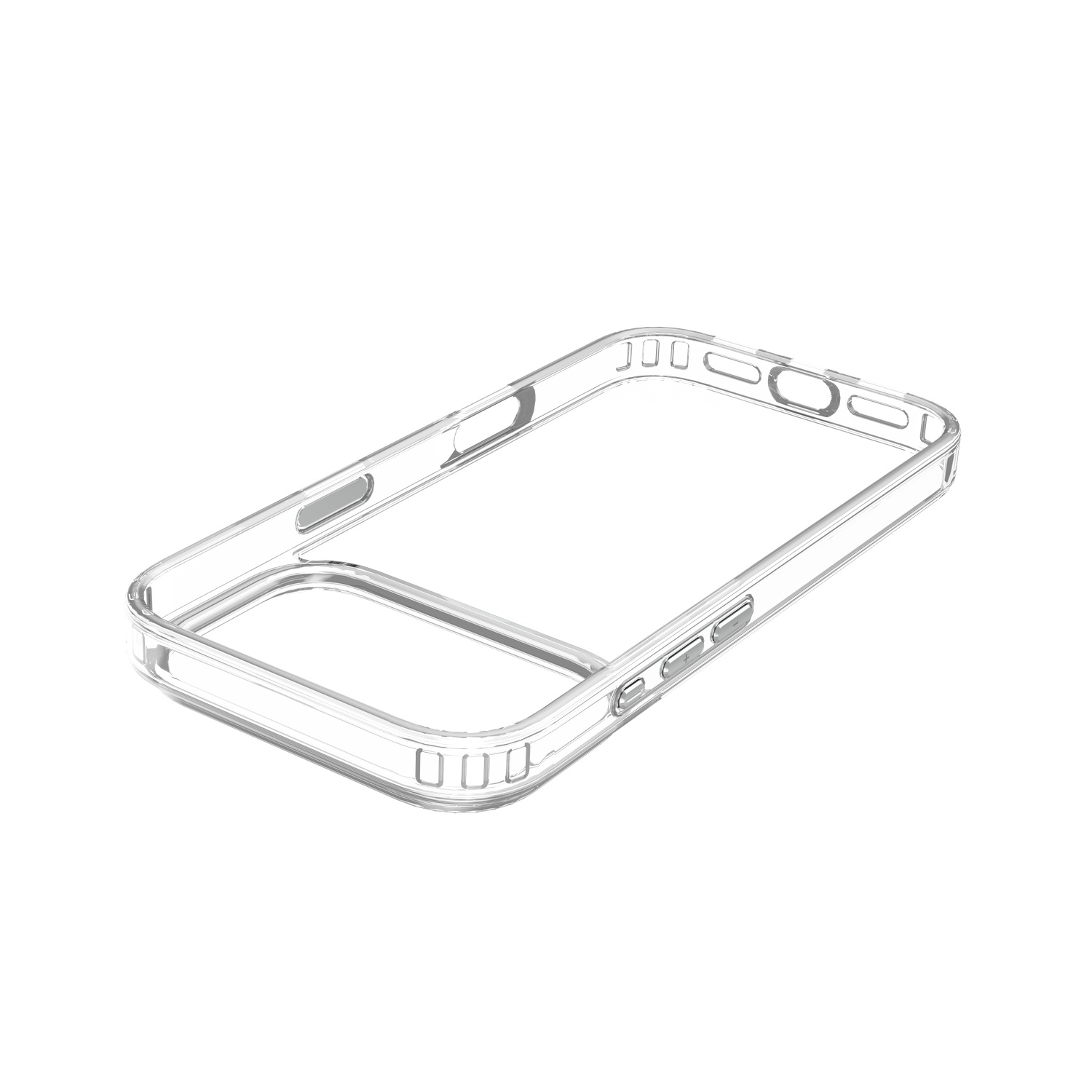 Een transparante, heldere telefoonhoes ligt op een wit oppervlak, schuin naar de kijker. De hoes heeft uitsparingen voor knoppen en poorten.