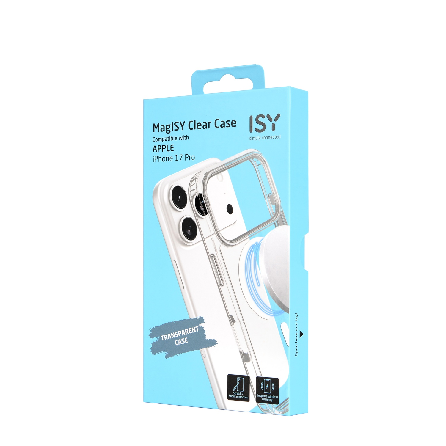 Een telefoonhoesjesdoos. De doos is lichtblauw, met een doorzichtige telefoonhoes zichtbaar. Tekst zegt 'MagISY Clear Case' en 'iPhone 17 Pro'.