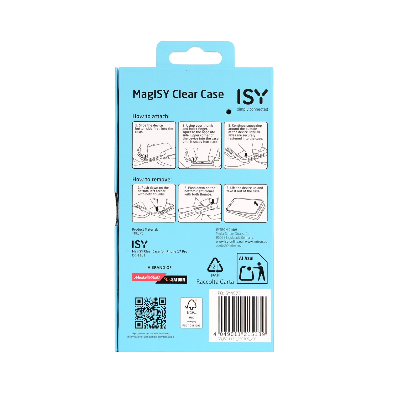 Productdoos voor een ISY transparante telefoonhoes, met instructies en branding. Inclusief QR-code en recyclingsymbolen.
