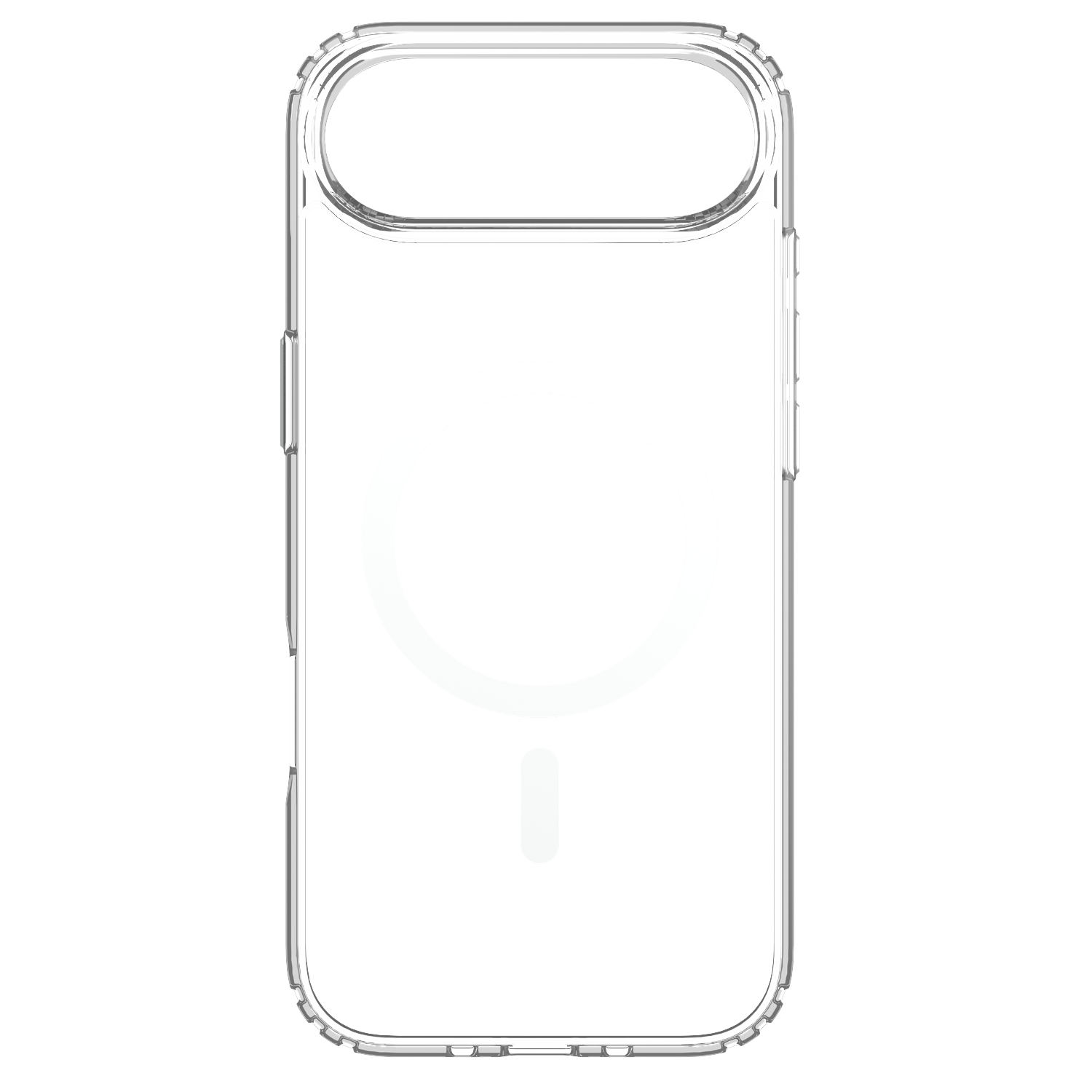Een doorzichtige telefoonhoes, rechthoekig met afgeronde hoeken, heeft een ovale uitsparing aan de bovenkant voor de camera. Het heeft een witte MagSafe ring.