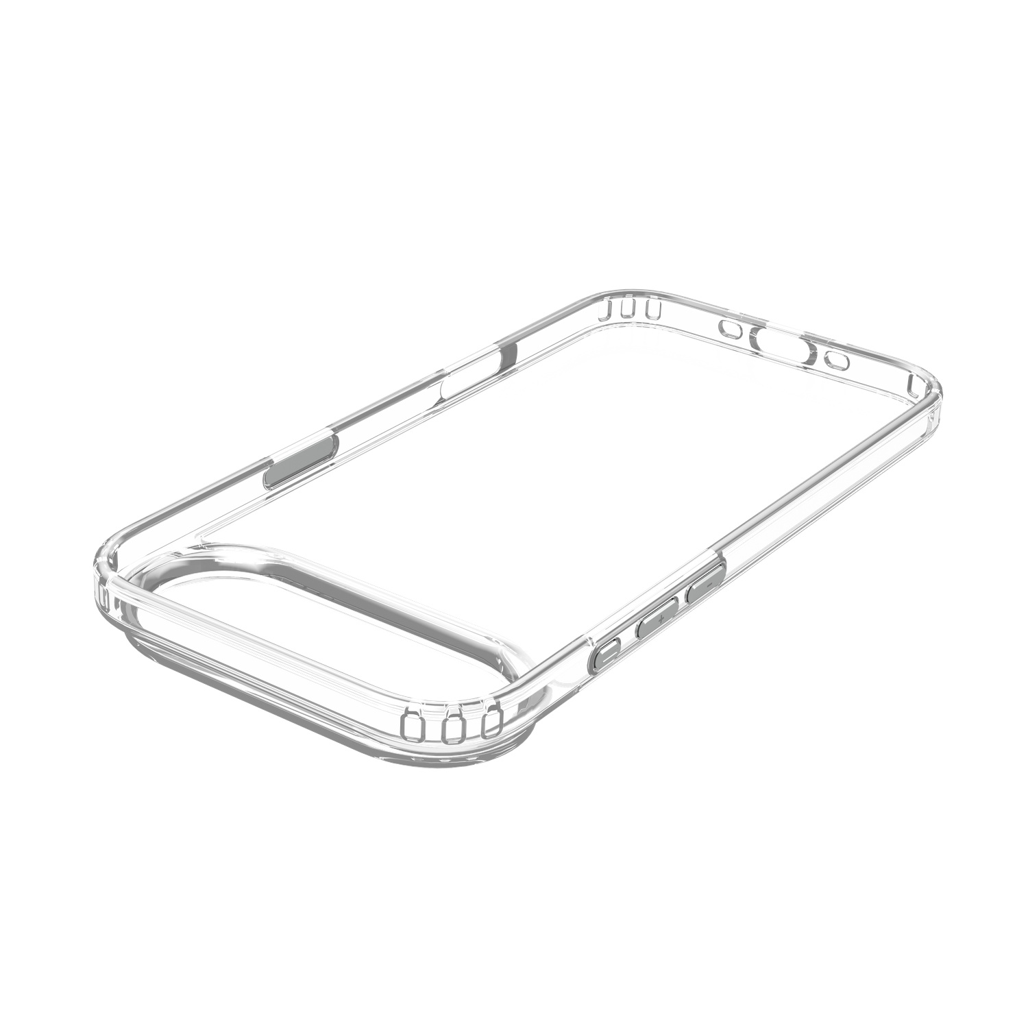 Een transparante telefoonhoes, met een helder plastic ontwerp. De hoes is leeg, met uitsparingen voor knoppen en camera, tegen een witte achtergrond.