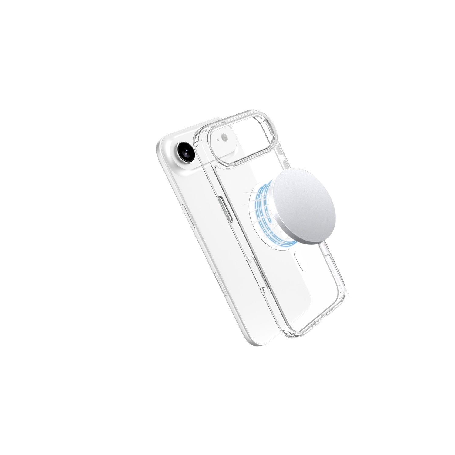 Een doorzichtige telefoonhoes met een zilveren popsocket bevestigd. De telefoon is wit. De achtergrond is wit.