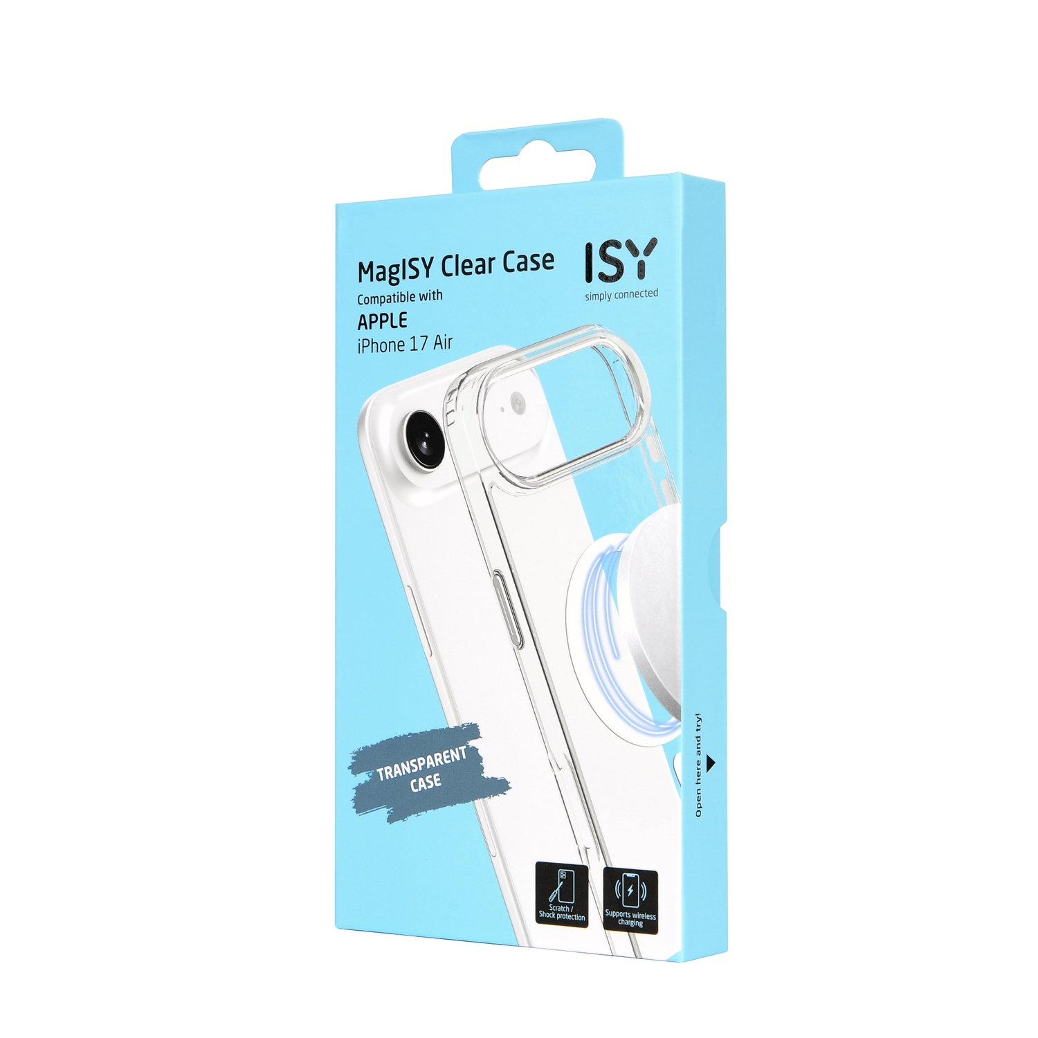 Een telefoonhoesje doos. Het is lichtblauw en wit met de afbeelding van een transparante telefoonhoes. Tekst bevat 'MagISY' en 'iPhone 17 Air'.