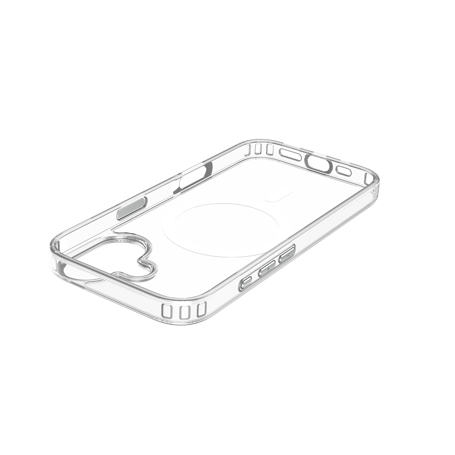 Een doorzichtige telefoonhoes wordt getoond. Het heeft afgeronde hoeken en uitsparingen voor de camera, knoppen en oplaadpoort. Op een witte achtergrond.