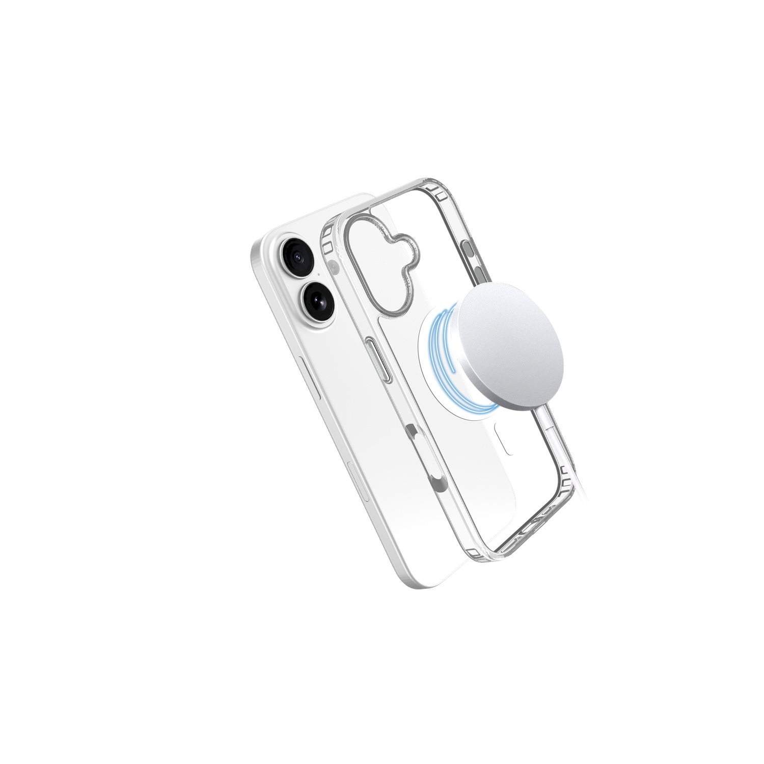 Een doorzichtige telefoonhoes met een witte telefoon erin. Het heeft een witte popsocket en staat op een witte achtergrond.