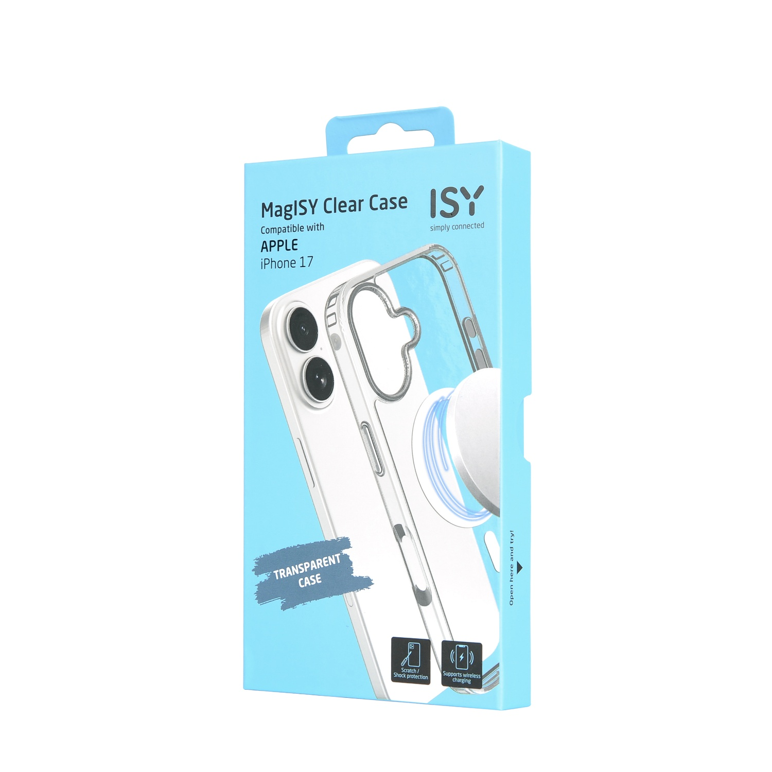 Een telefoonhoesjesdoos. Hij is lichtblauw, met de hoes en de details zichtbaar op de voorkant. De tekst luidt 'MagISY Clear Case' en 'iPhone 17'.